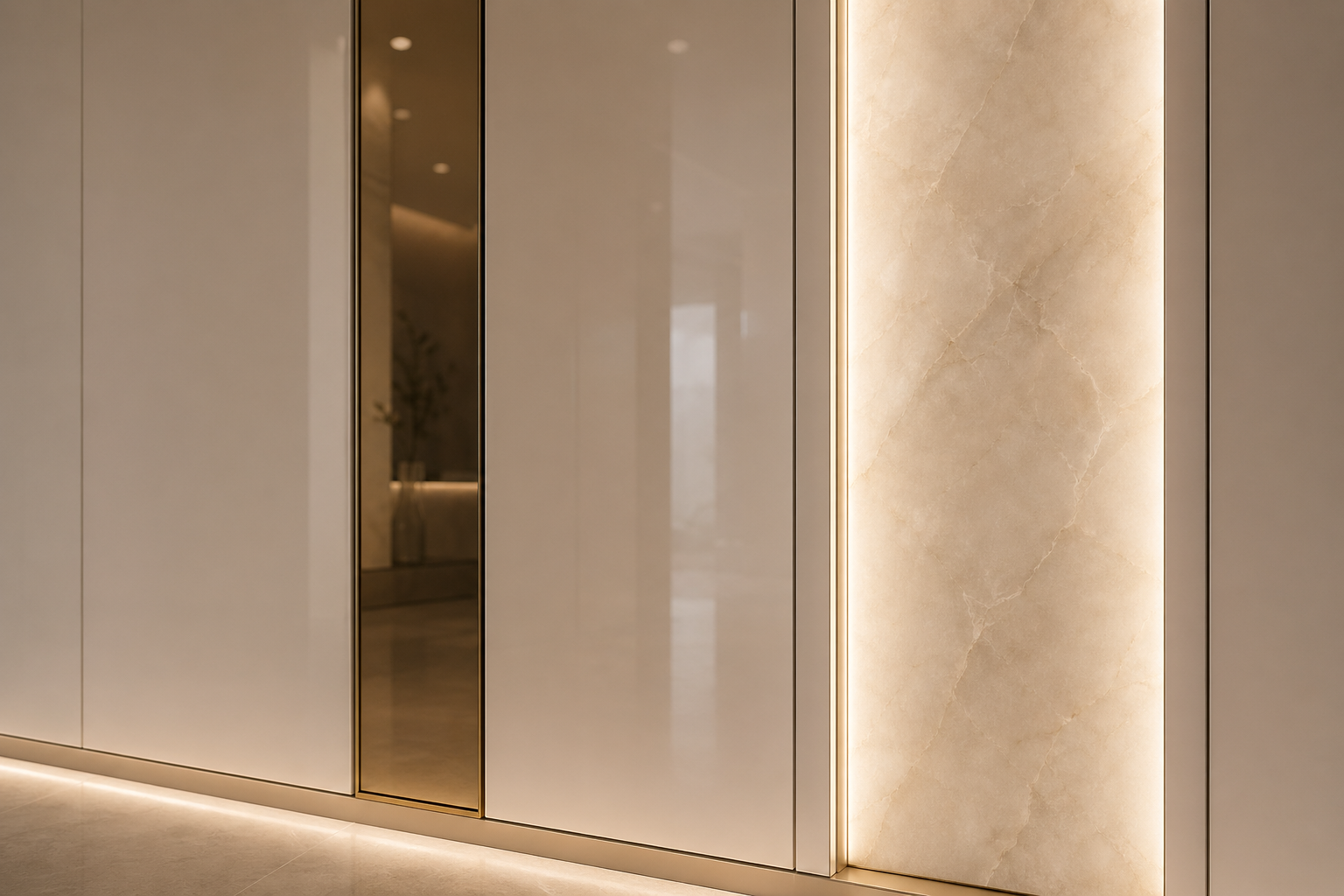 Fadior Miroir Wall Panel Suite with Backlit Mineral Glow Plane — close-up of stainless steel finish and hardware detail