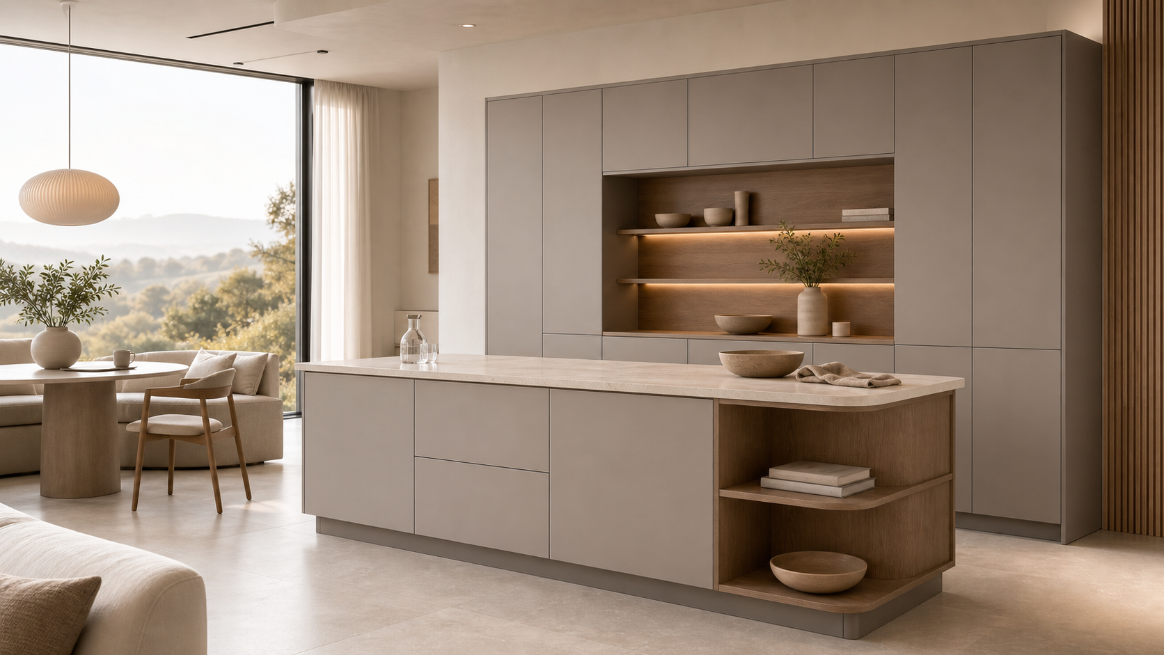 Fadior Silkstone Kitchen Suite with Spectral Prep Peninsula — lifestyle setting with natural light and residential styling