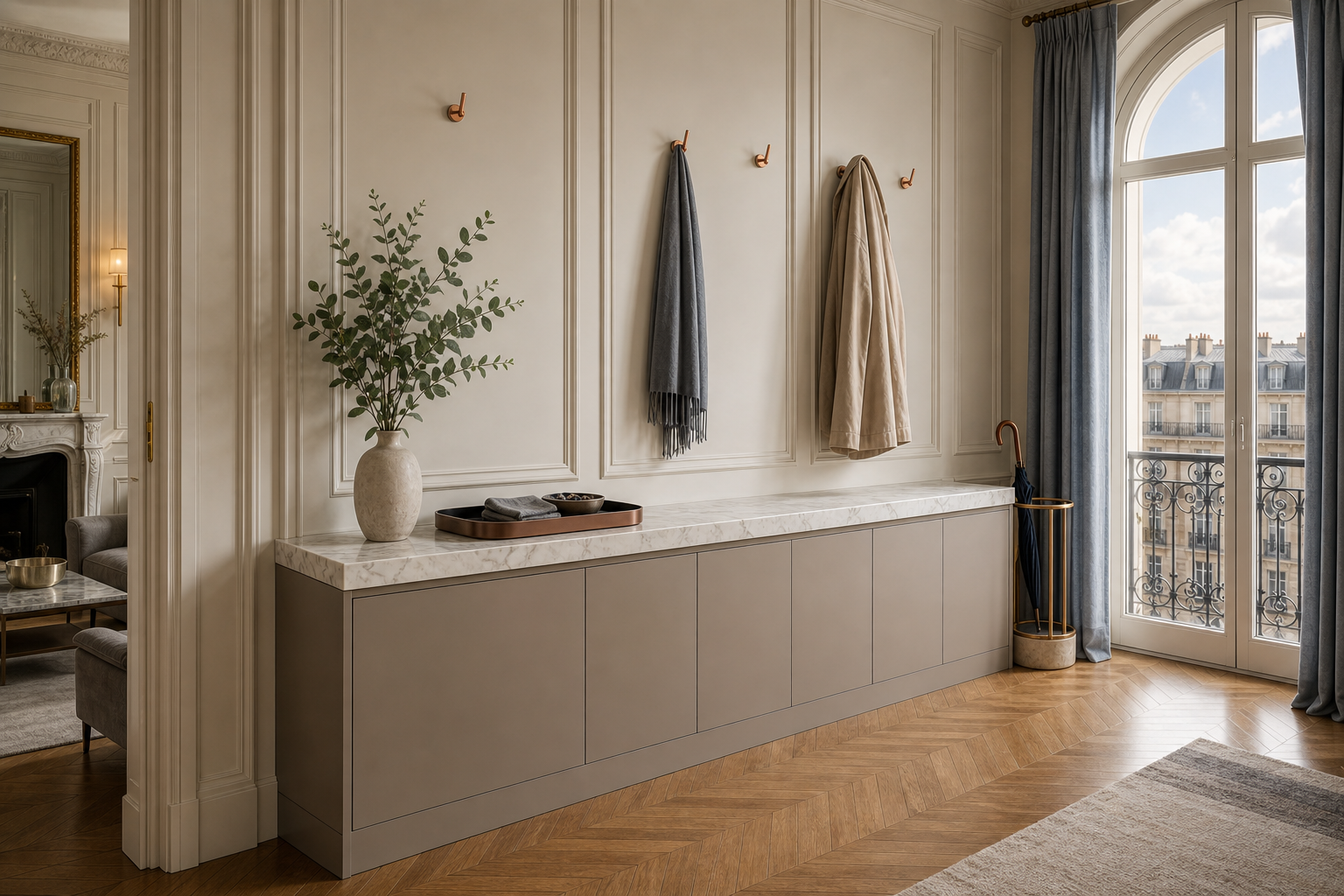 Fadior Loggia Entryway Suite with Touch-Clean Mudroom Console — lifestyle setting with natural light and residential styling