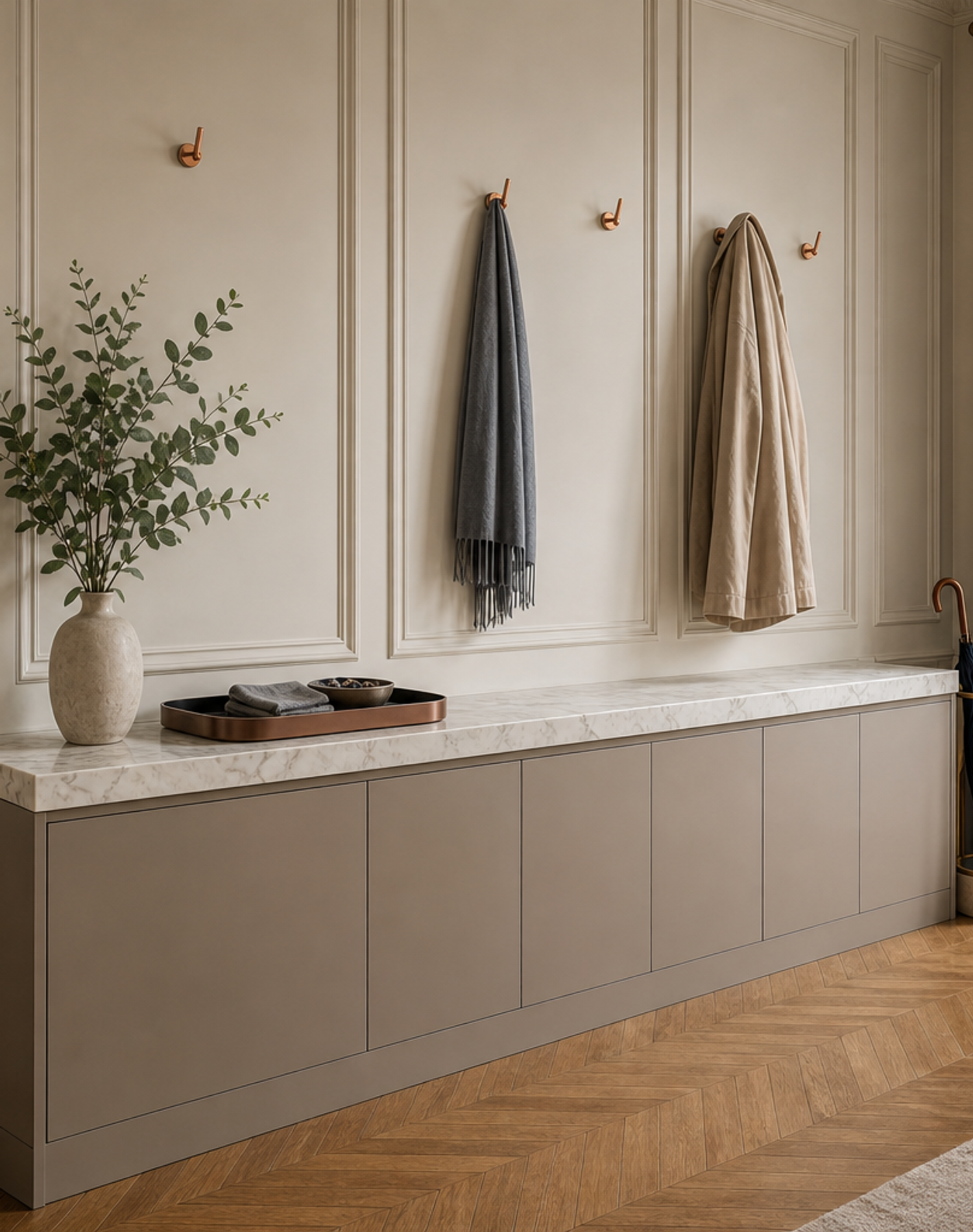 Fadior Loggia Entryway Suite with Touch-Clean Mudroom Console — lifestyle setting with natural light and residential styling