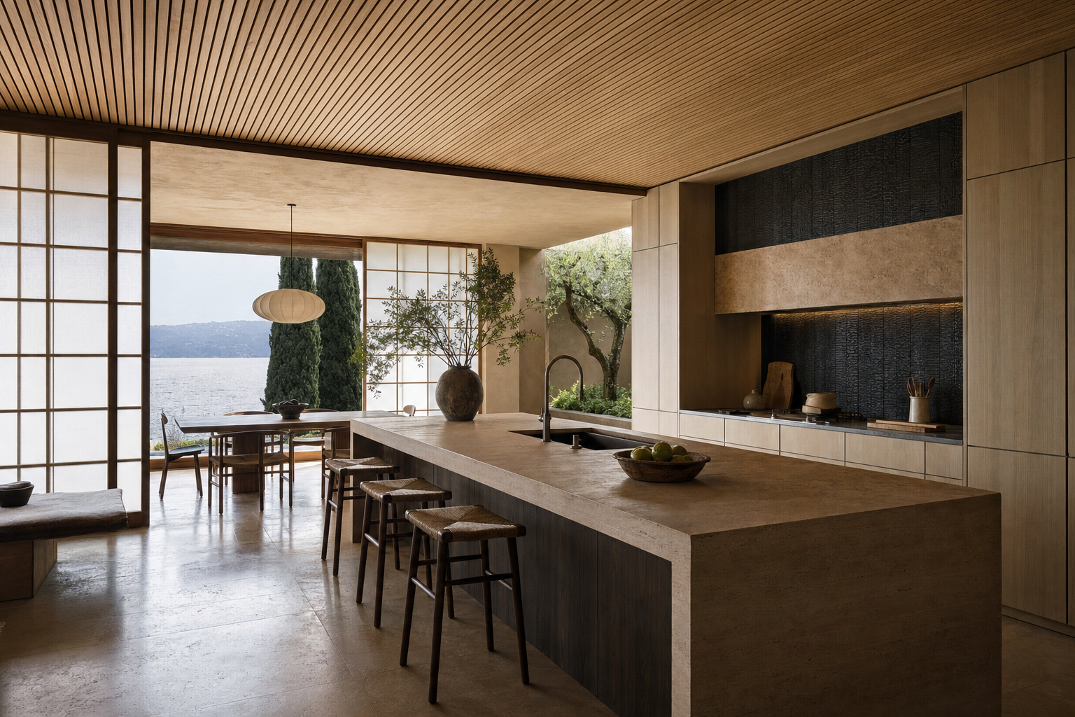 Fadior Como 320 sqm Kitchen Villa — Como villa kitchen with travertine island, cypress cabinets, wood ceiling, lake window, — 304 stainless steel cabinetry installation by Fadior
