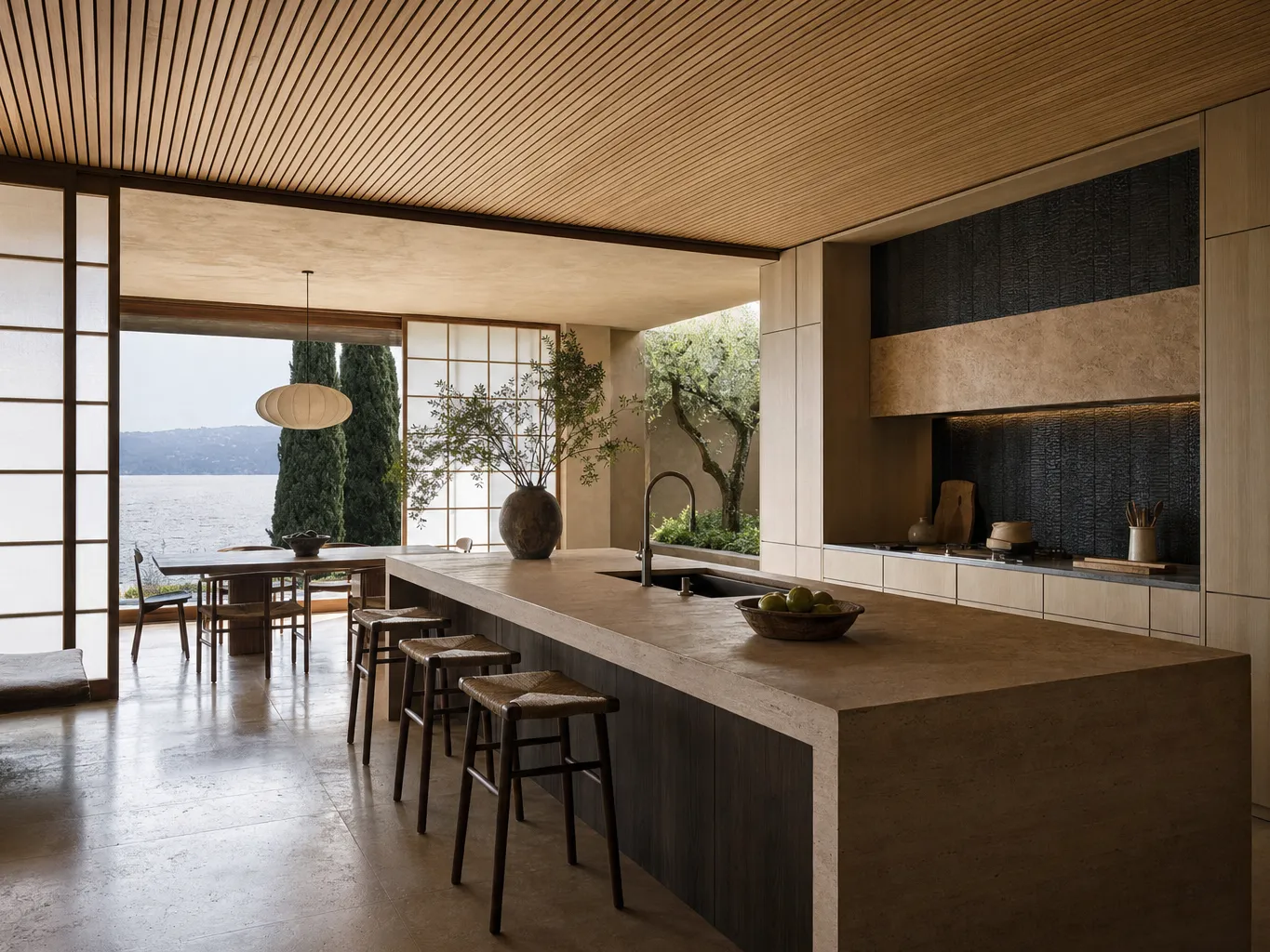 Fadior Como 320 sqm Kitchen Villa — Como villa kitchen with travertine island, cypress cabinets, wood ceiling, lake window,