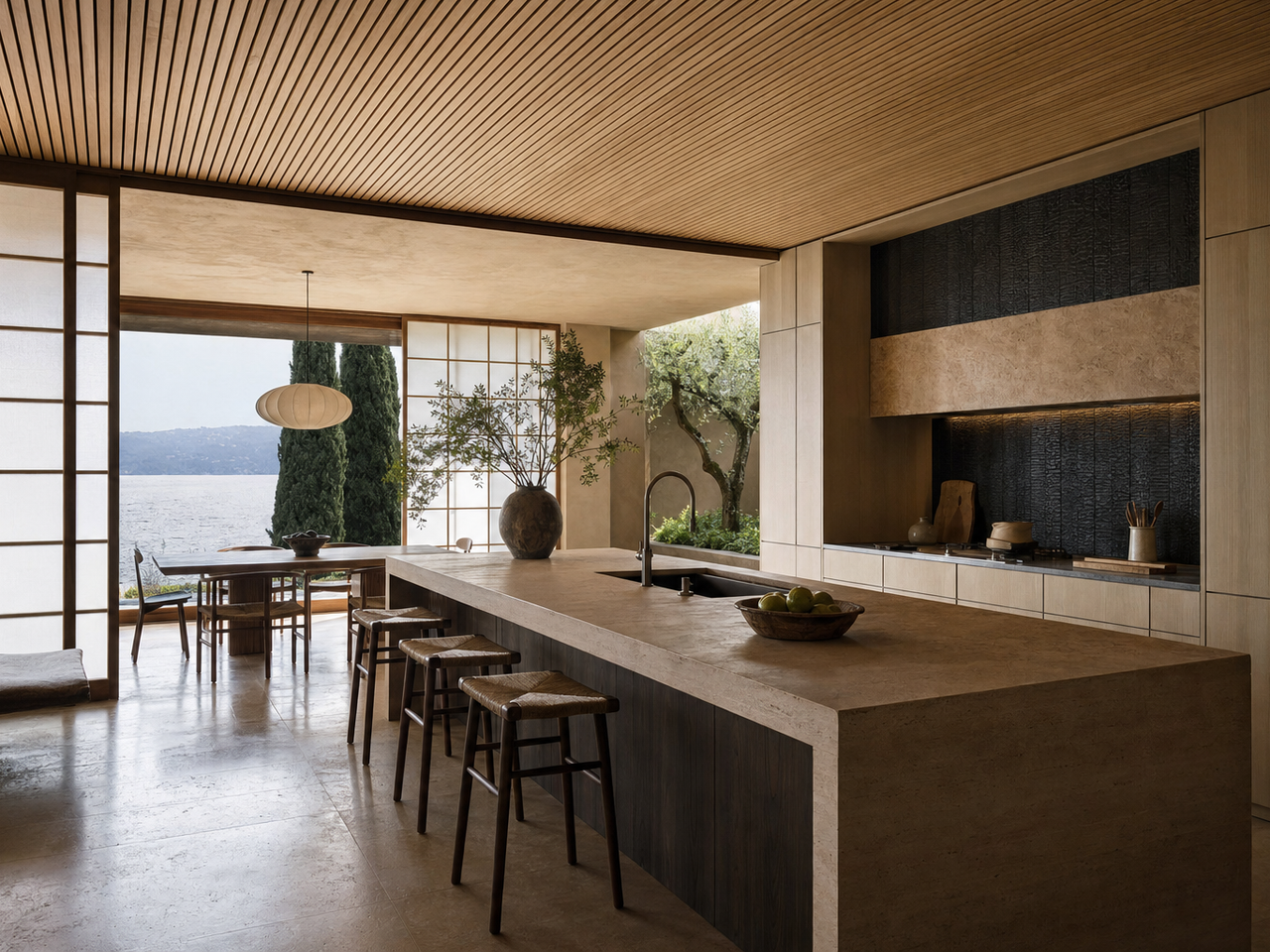 Fadior Como 320 sqm Kitchen Villa — Como villa kitchen with travertine island, cypress cabinets, wood ceiling, lake window, — 304 stainless steel cabinetry installation by Fadior