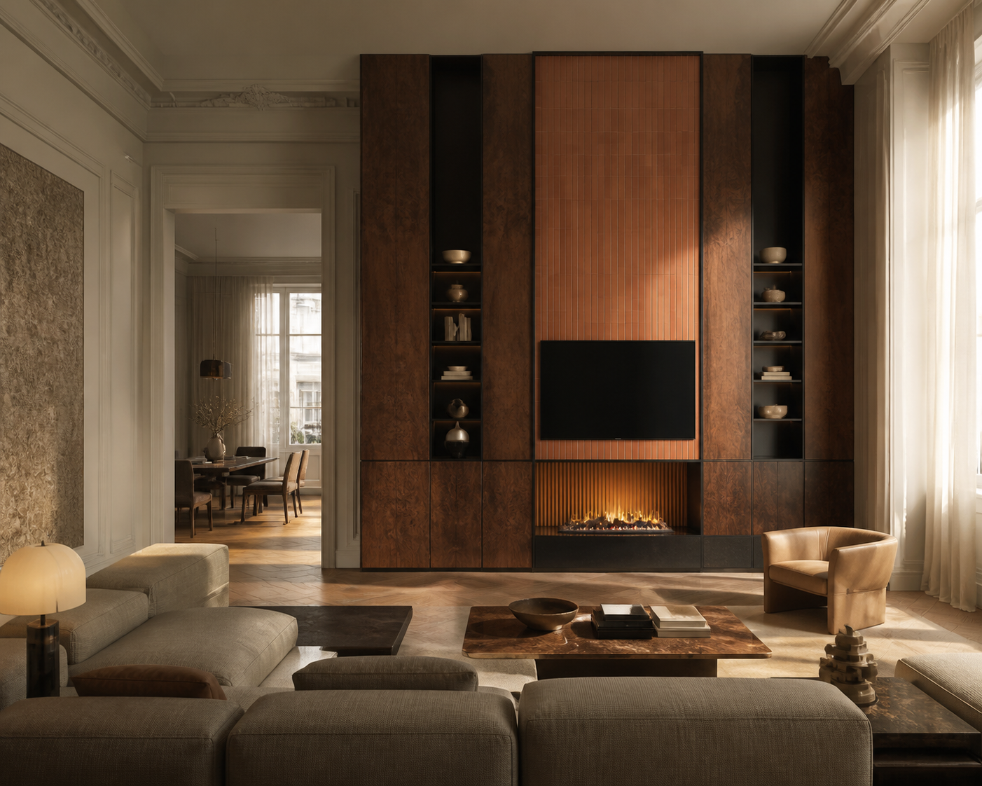 Conjunto de salón Veneto con hogar de escucha terracota perspectiva interior