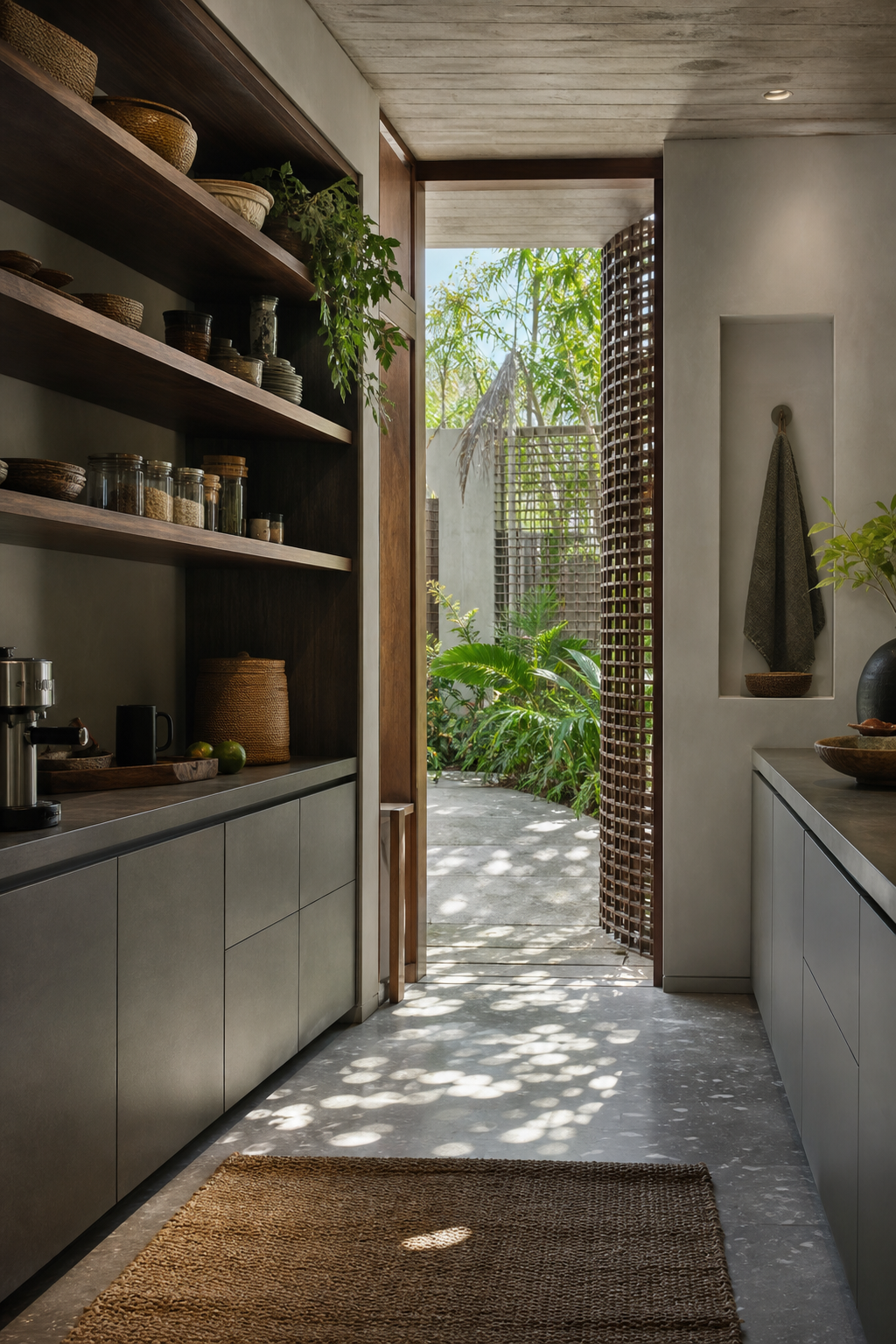 Fadior Perth 400 sqm Kitchen Villa - pantry shelves, service counter, cabinet drawers, garden door