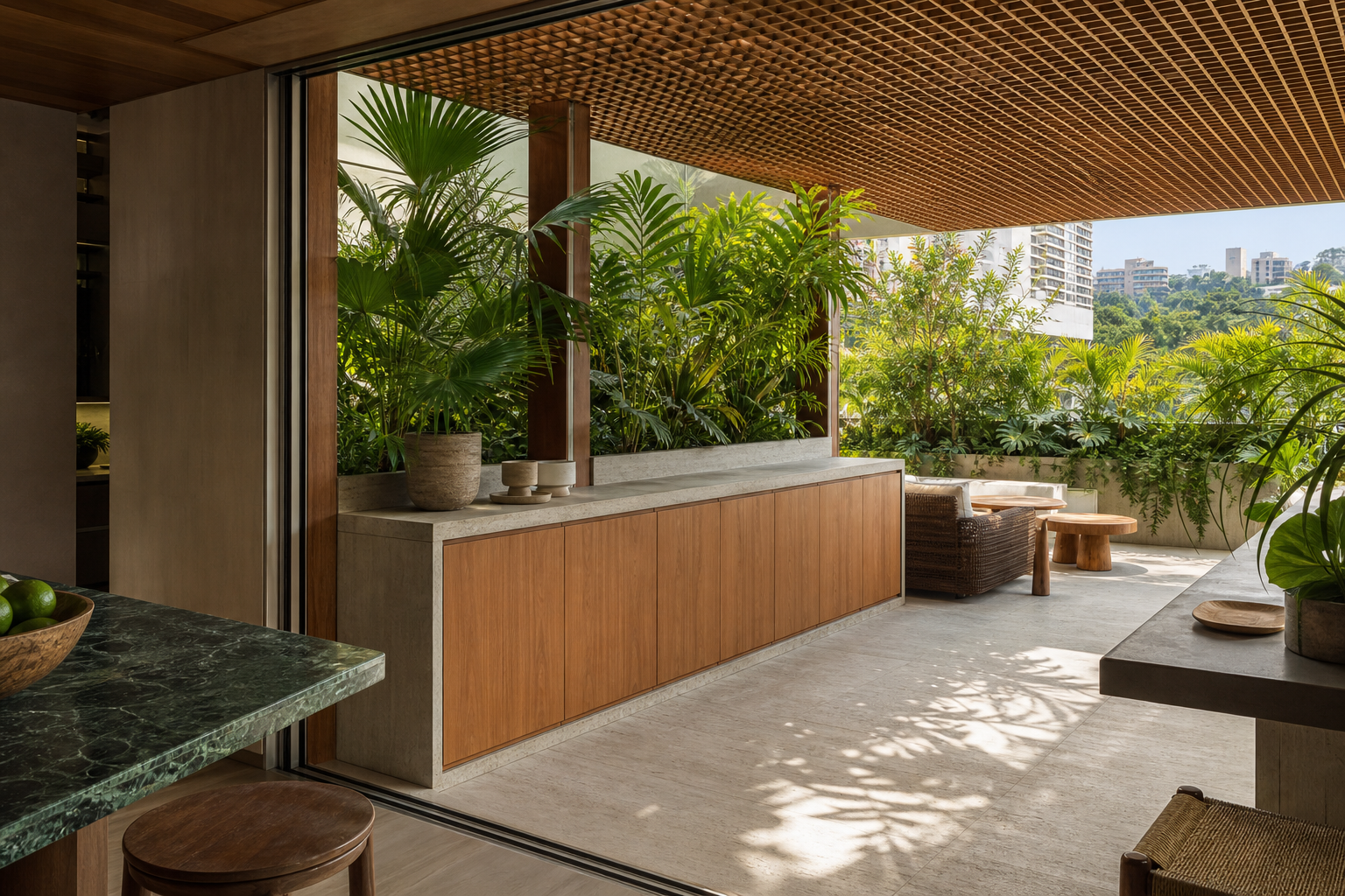 Fadior Soleil Balcony Suite with Sunset Prep Credenza — interior room context showing cabinet integration