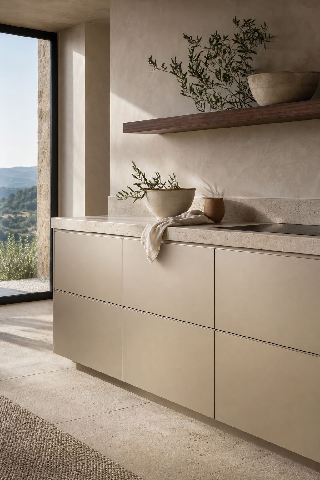 Fadior The Designer’s Canvas: How Fantini and SieMatic Are Redefining the Luxury Kitchen and Bath as a Unified Sensory Experience — cabinet fronts, stone counter, walnut shelf, olive branch, window, plaster wall