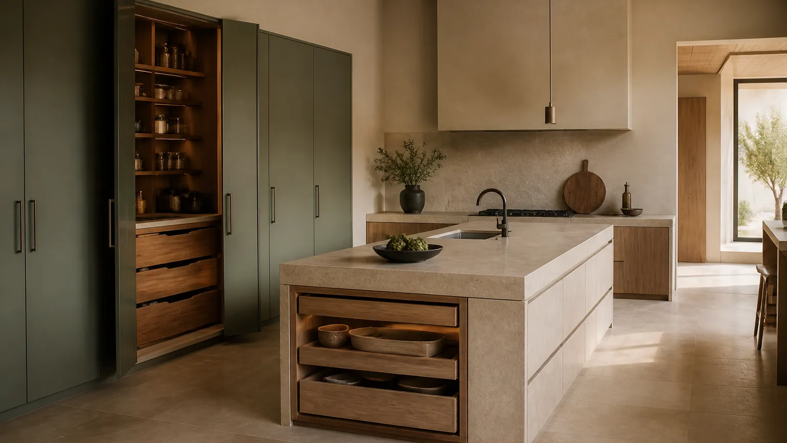 Warm contemporary kitchen with a tall pantry and open island storage