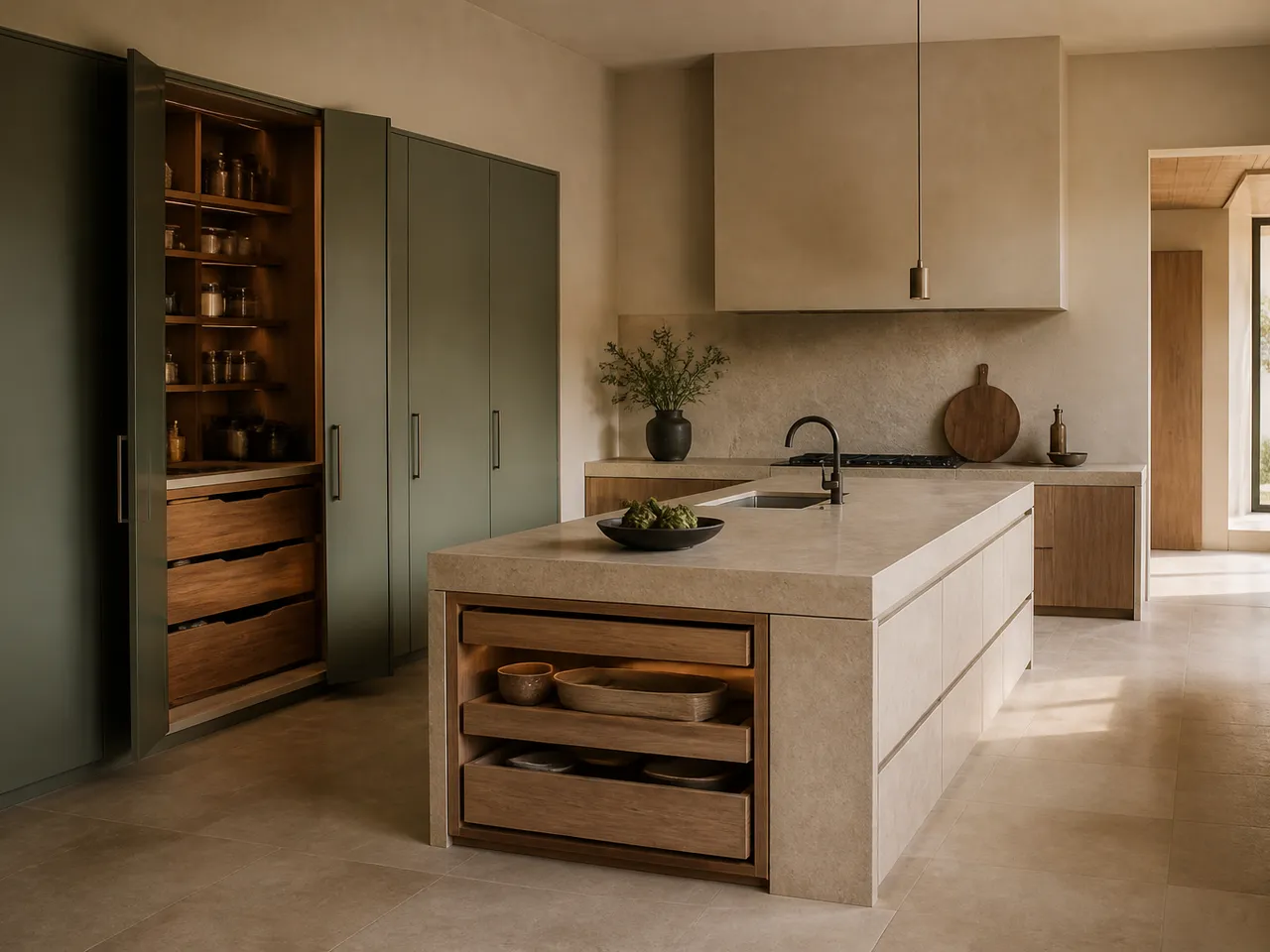 Warm contemporary kitchen with a tall pantry and open island storage — 304 stainless steel cabinetry editorial by Fadior