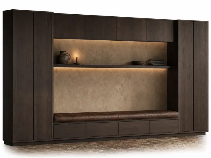 Fadior Zenith Living Room Suite with Window Bench Archive Wall — 304 stainless steel living room system, front view