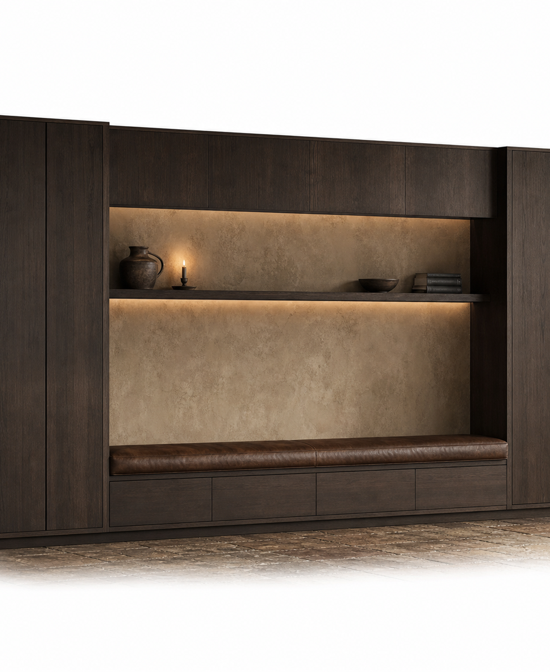 Fadior Zenith Living Room Suite with Window Bench Archive Wall — 304 stainless steel living room system, front view