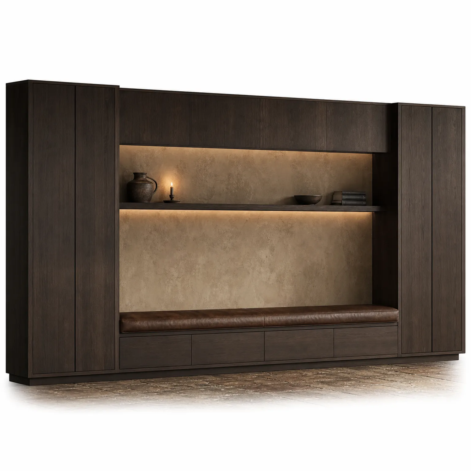 Fadior Zenith Living Room Suite with Window Bench Archive Wall — 304 stainless steel living room system, front view