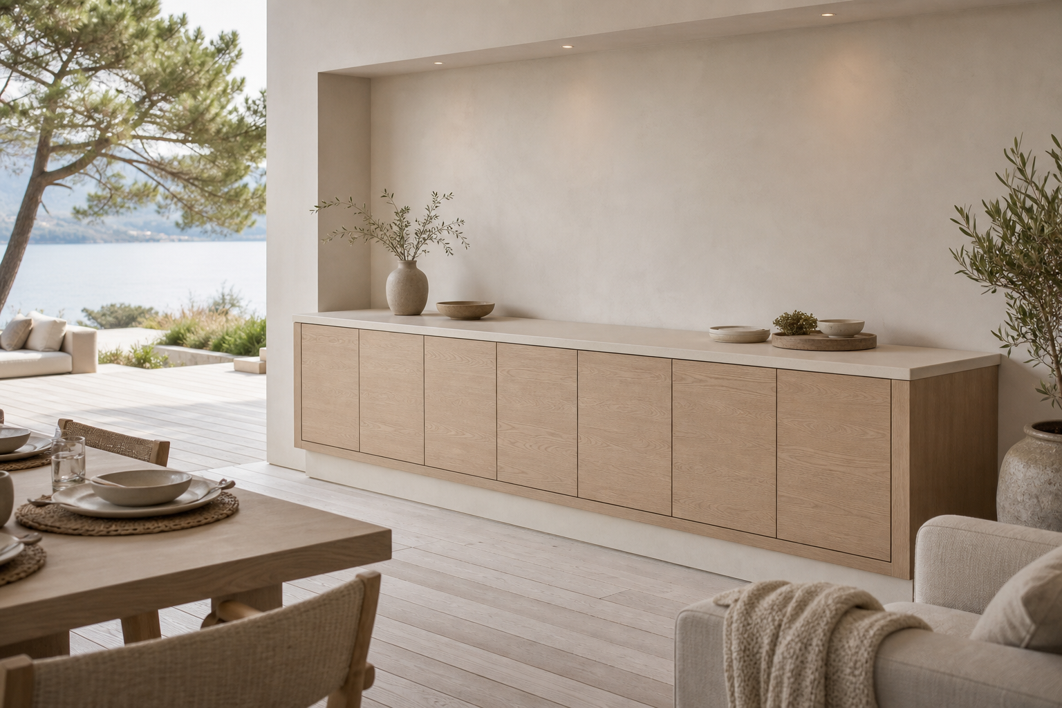 Fadior Vantage Outdoor Kitchen with Arc Hearth Prep Bay — lifestyle setting with natural light and residential styling