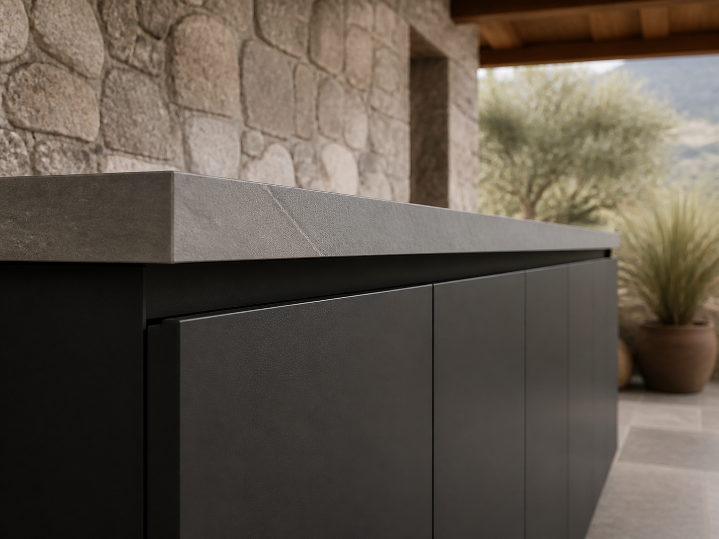 Fadior Horizon Outdoor Kitchen Suite with Porcelain Cantilever Prep Pavilion — close-up of stainless steel finish and