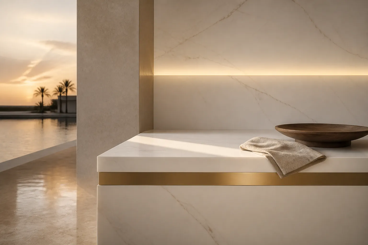 Material mood study for a kitchen with ivory planes, champagne accents, and stone-like light.