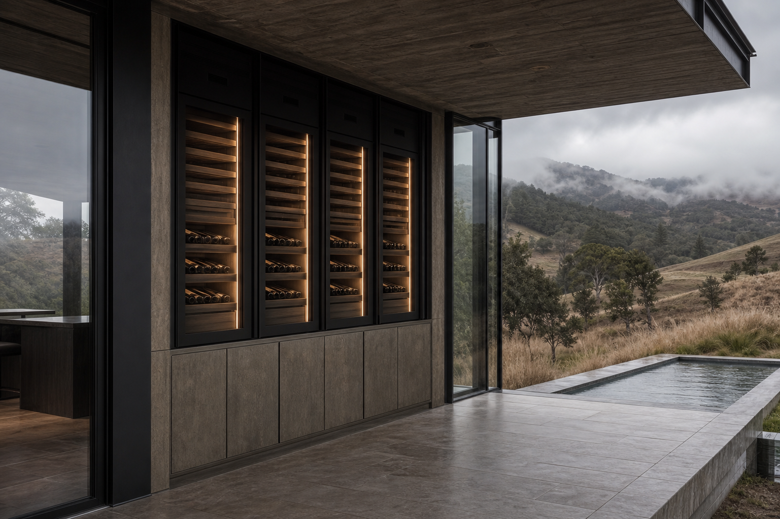 Fadior Estuary Wine Cabinet with Vaulted Tasting Atelier — interior room context showing cabinet integration