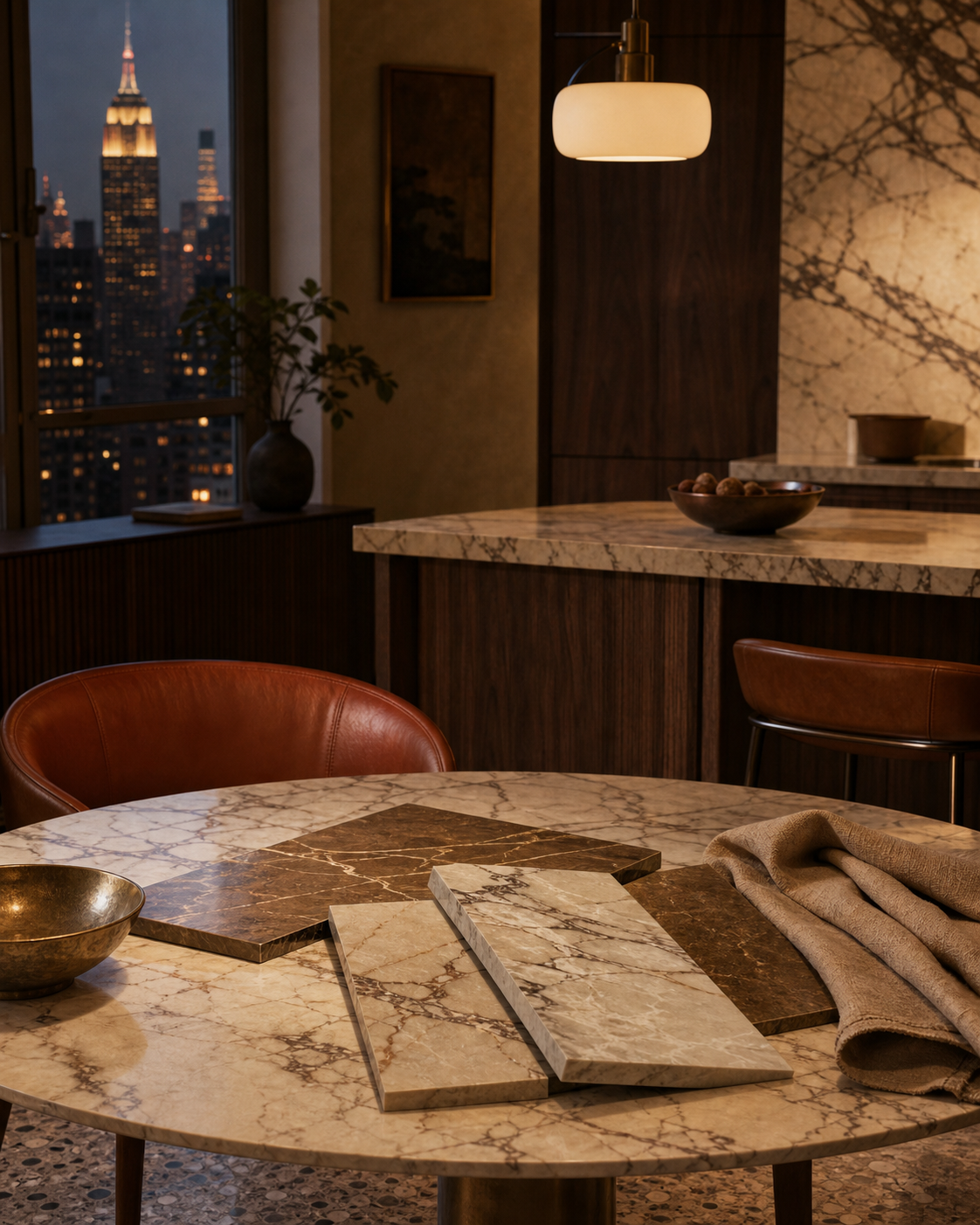 Layered kitchen material study with cognac leather, walnut paneling and stone surface for finish-selection context.