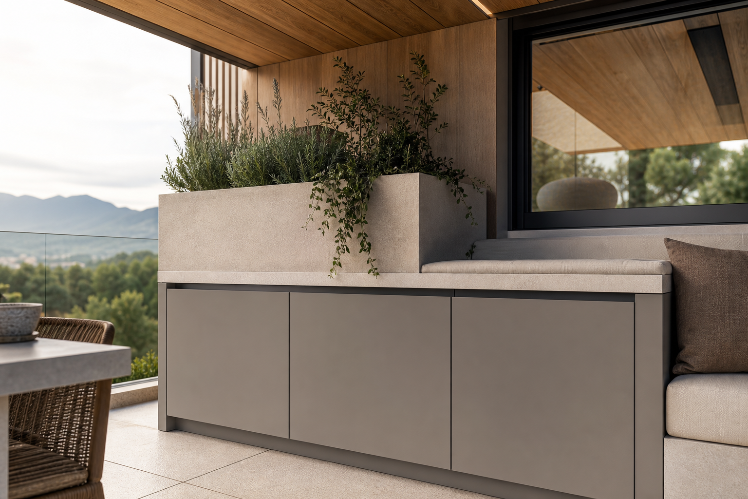 Fadior Cannes Balcony Module with Limestone Planter Berth — close-up of stainless steel finish and hardware detail