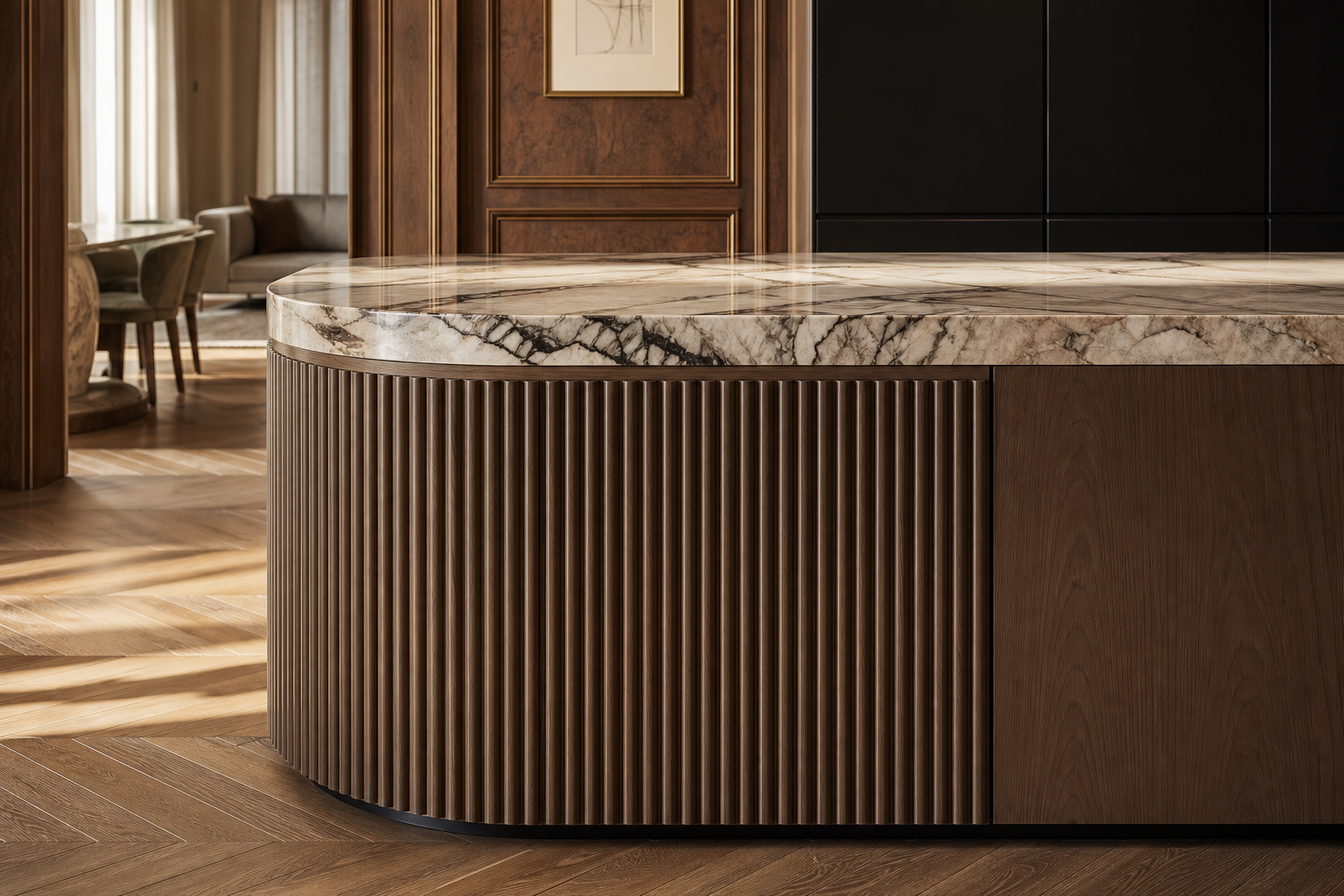 Fadior Meridian Ribbed Hosting Island — close-up of stainless steel finish and hardware detail