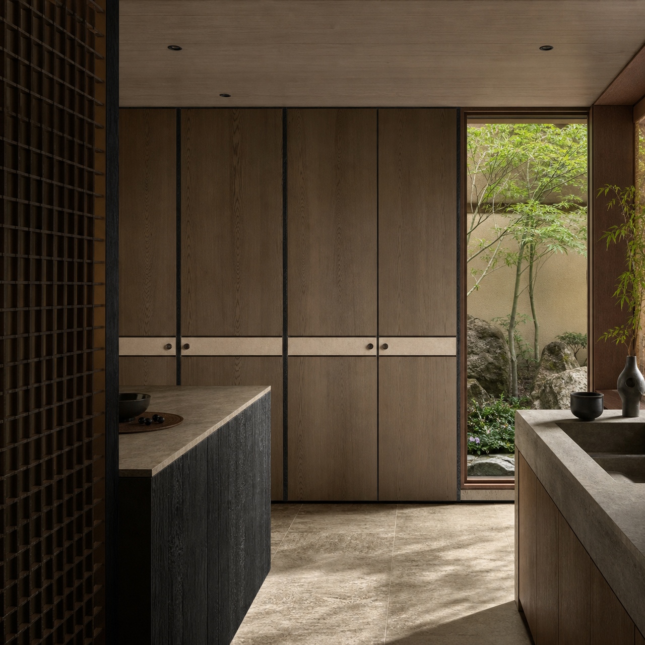 Fadior Miroir Wall Panel Suite with Ceramic Valve Datum Wall — interior room context showing cabinet integration