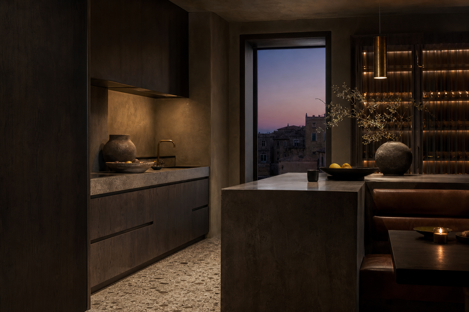 Fadior Siena Skyline Penthouse — Siena finish study with smoked oak cabinet face, island slab, plaster wall, wine shelf glow,