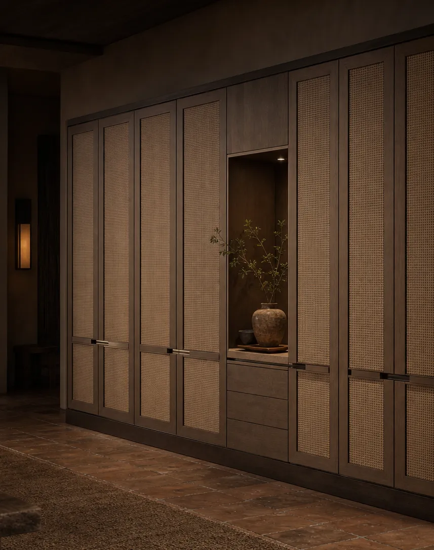 Fadior Lumiere Wardrobe Suite with Caned Pearl Dressing Niche — interior room context showing cabinet integration