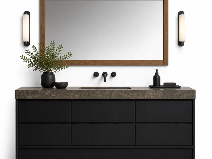 Fadior Verve Bath and Vanity Suite with Obsidian Towel Plinth — 304 stainless steel bath and vanity system, front view