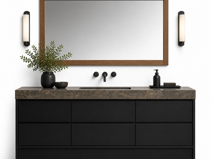 Fadior Verve Bath and Vanity Suite with Obsidian Towel Plinth — 304 stainless steel bath and vanity system, front view