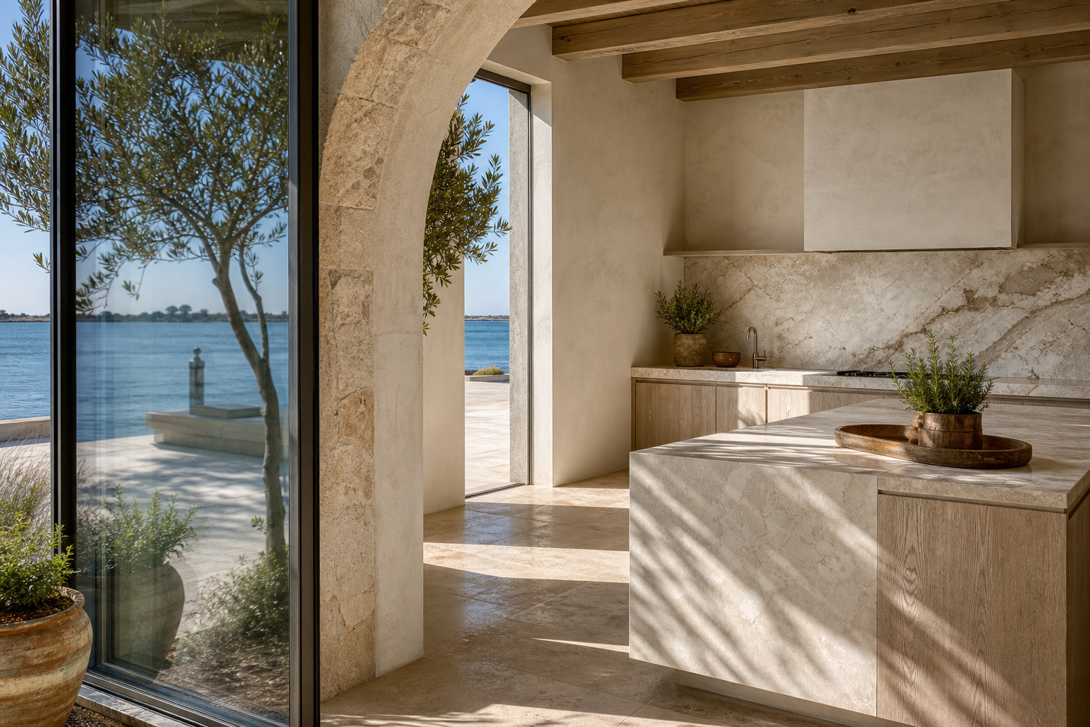 Fadior Venice 350 sqm Kitchen Villa — Venice villa finish study with marble island, olive wood cabinet face, stone arch,
