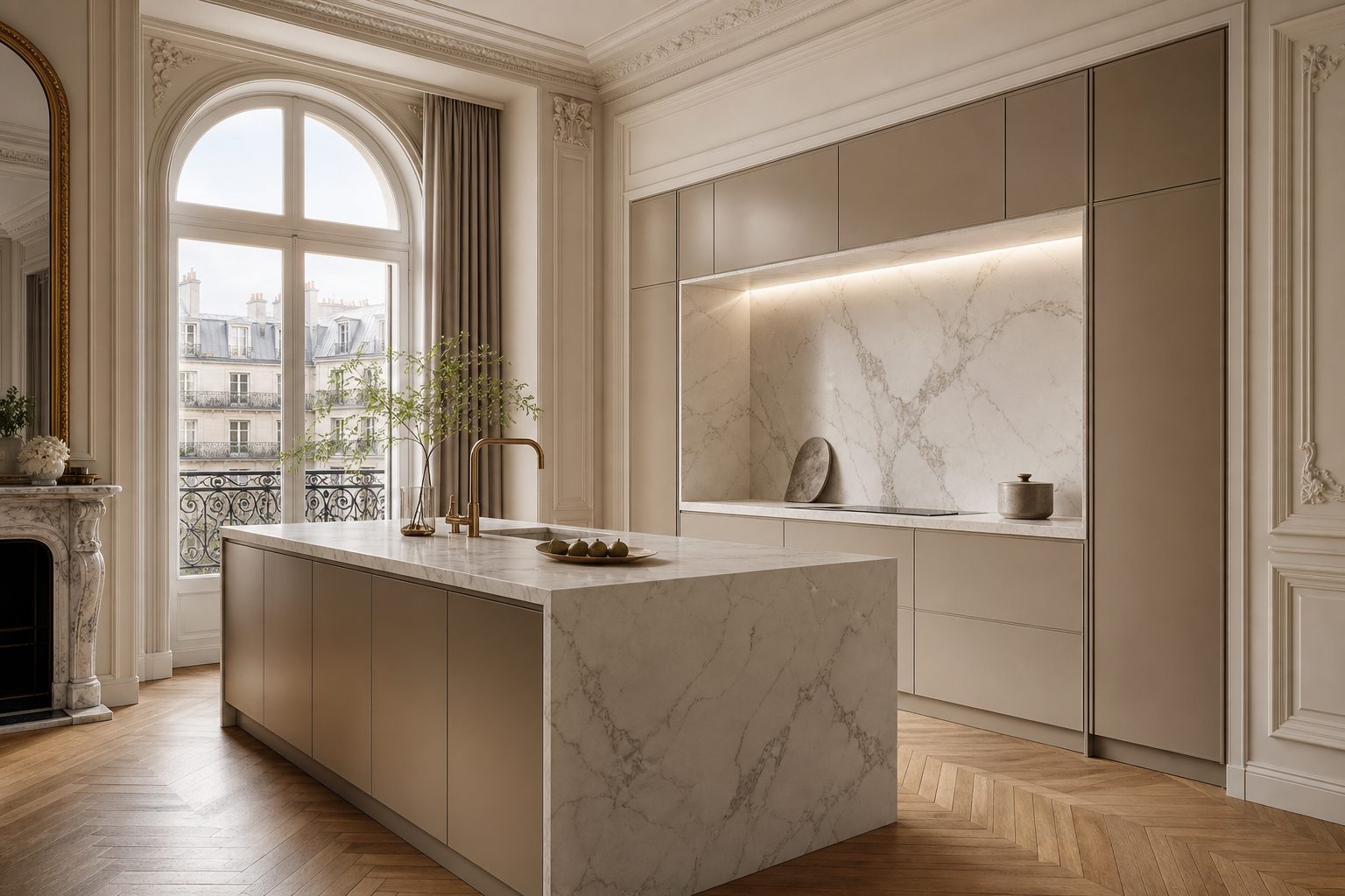 Fadior Silkstone Kitchen Suite with Recessed Dawn Prep Atelier — interior room context showing cabinet integration