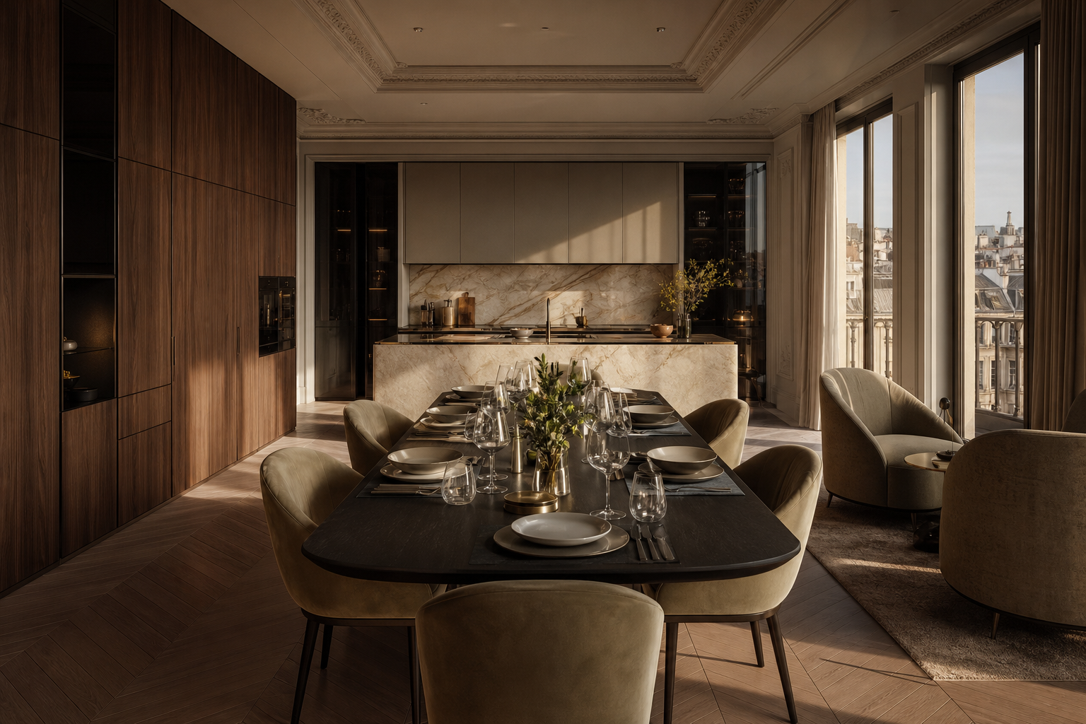 Fadior Milan 120 sqm Kitchen Penthouse — Dining table set beside walnut cabinetry, marble island, lounge chair, tall window, and parquet floor
