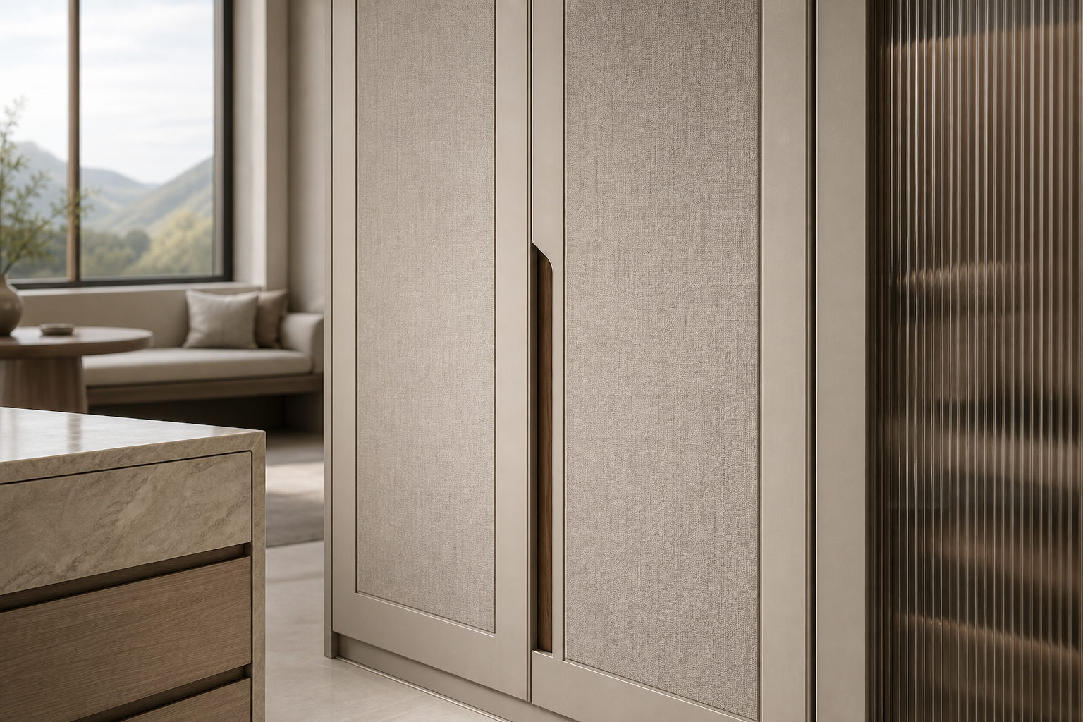 Fadior Elementum Wardrobe Suite with Reeded Glass Valet Arcade — close-up of stainless steel finish and hardware detail