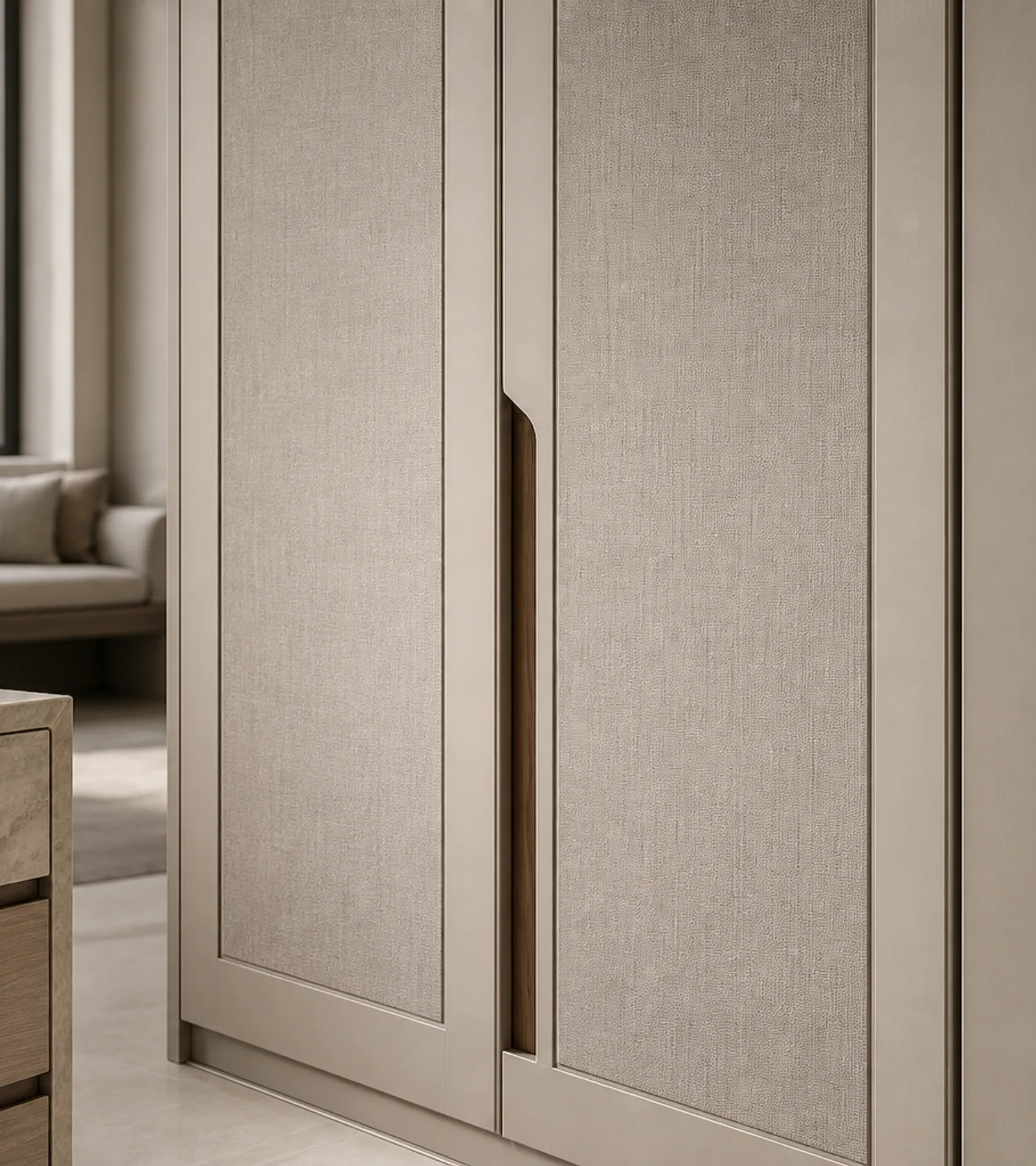 Fadior Elementum Wardrobe Suite with Reeded Glass Valet Arcade — close-up of stainless steel finish and hardware detail
