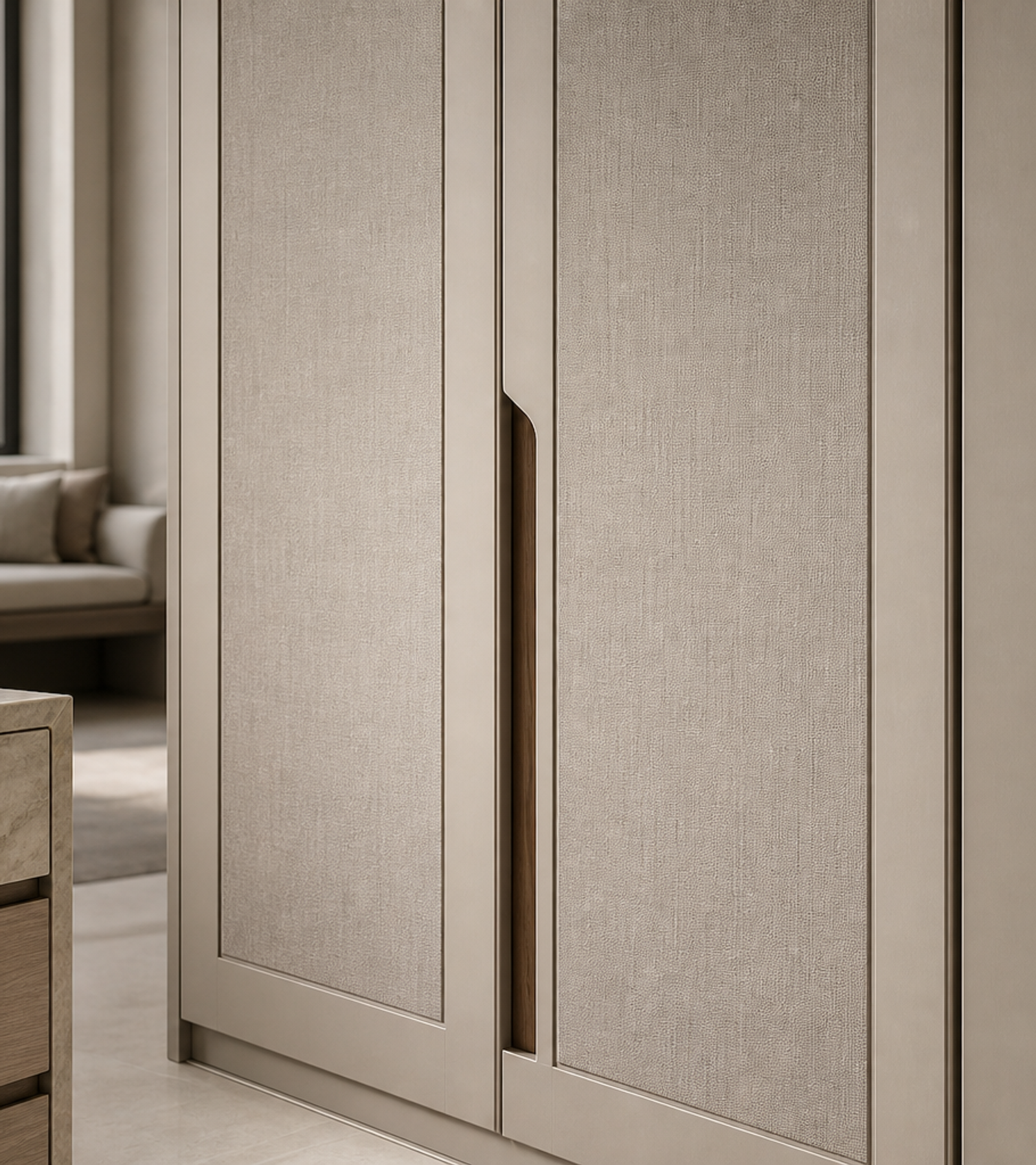 Fadior Elementum Wardrobe Suite with Reeded Glass Valet Arcade — close-up of stainless steel finish and hardware detail