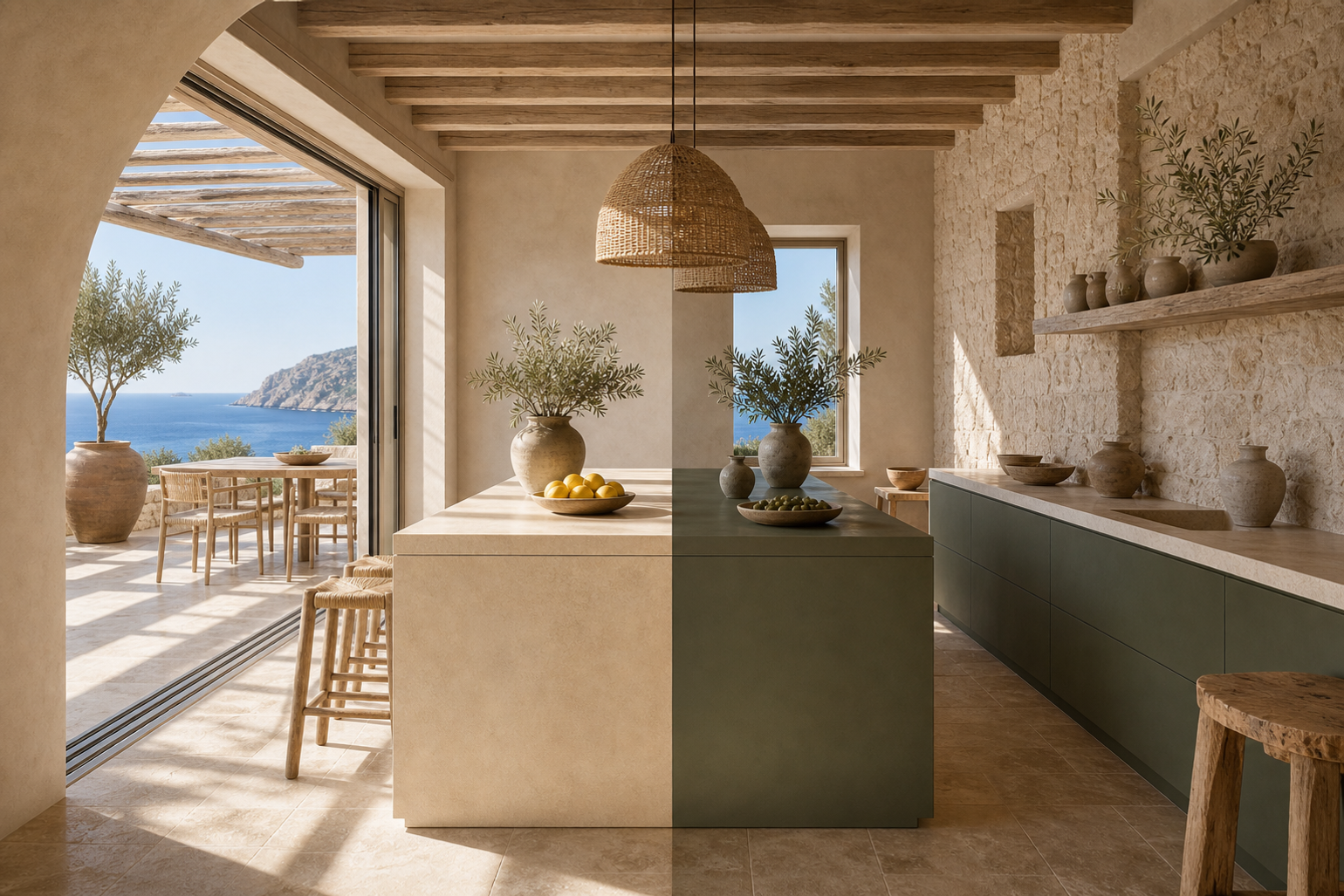 Conceptual finish comparison scene using warm neutral and muted olive cabinet planes in one kitchen.