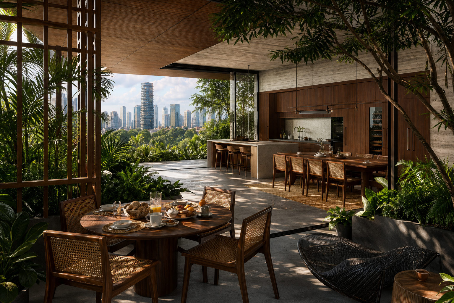 Fadior Singapore Skyline Penthouse — Singapore balcony breakfast scene with tropical planters, wood lattice,