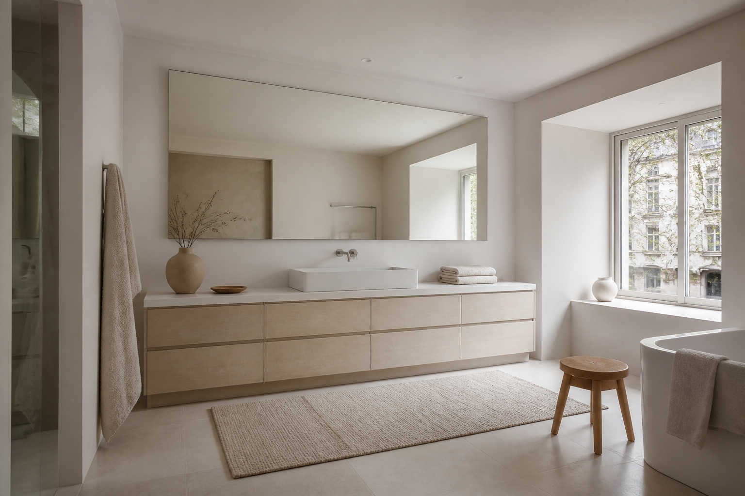 Fadior Amsterdam 450 sqm Kitchen Bath Villa — A complete bath room with a long pale vanity cabinet, wide mirror,