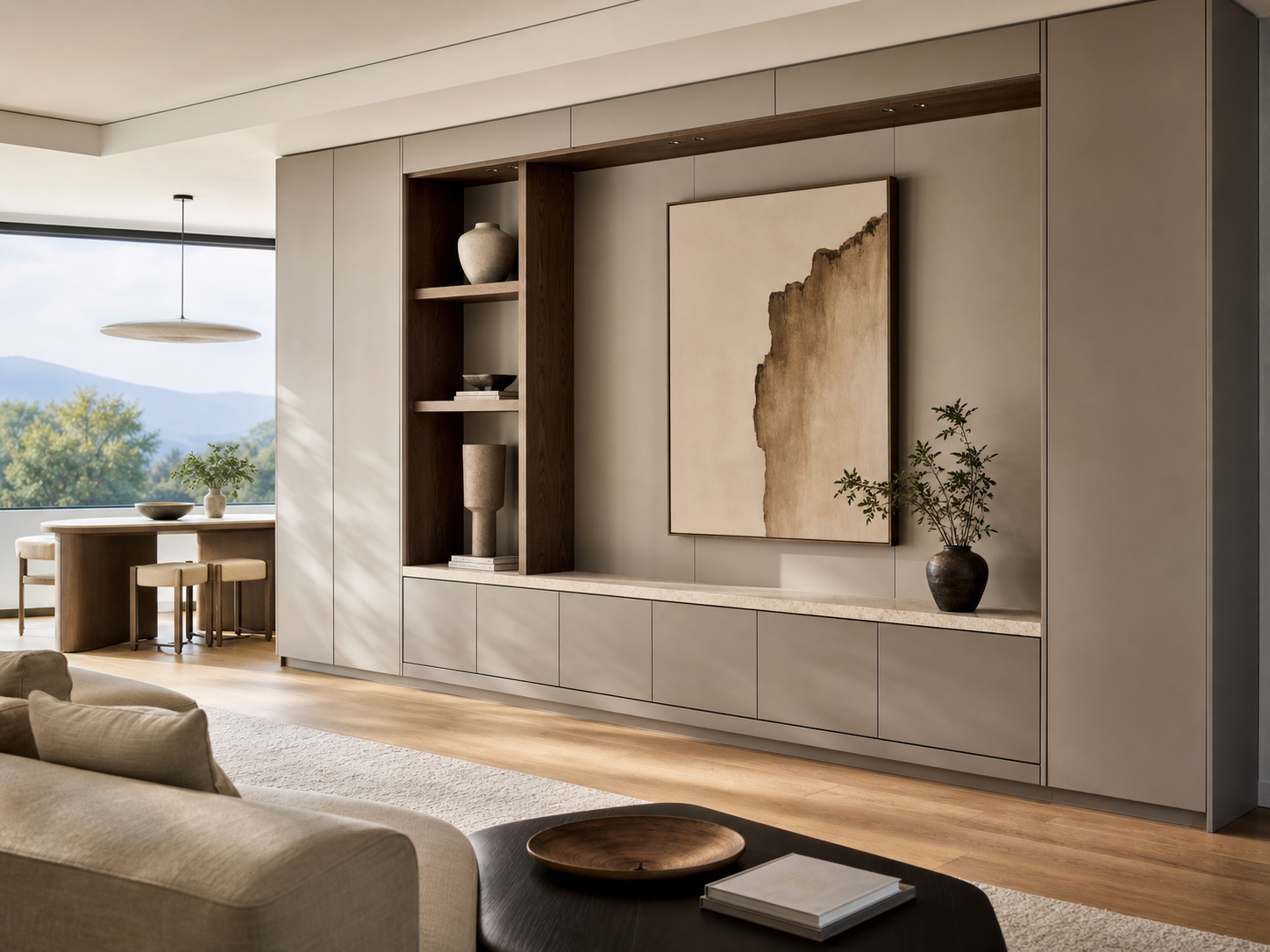 Fadior Silvan Living Room Suite with Layered Art Console Bay — interior room context showing cabinet integration