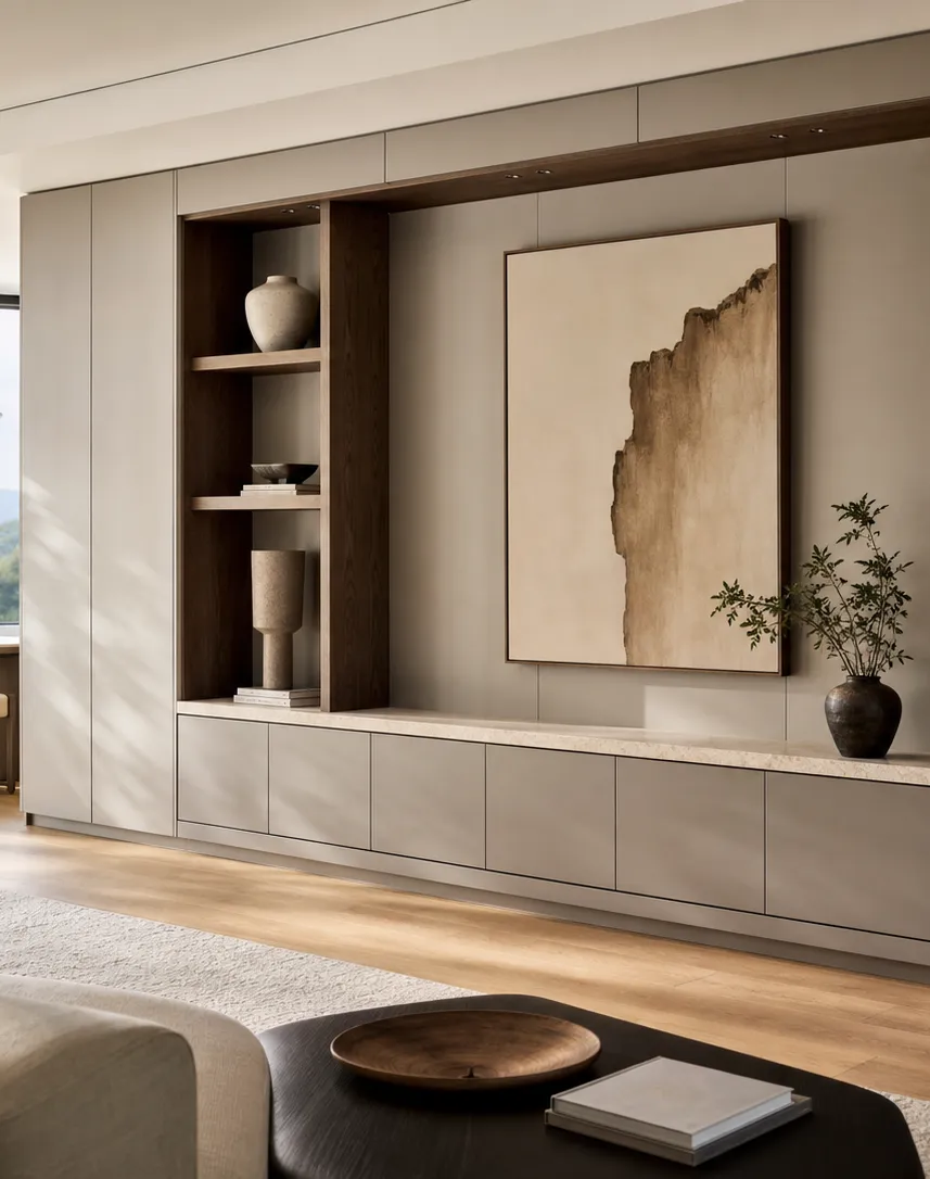 Conjunto de salón Silvan con bahía de consola de arte por capas perspectiva interior