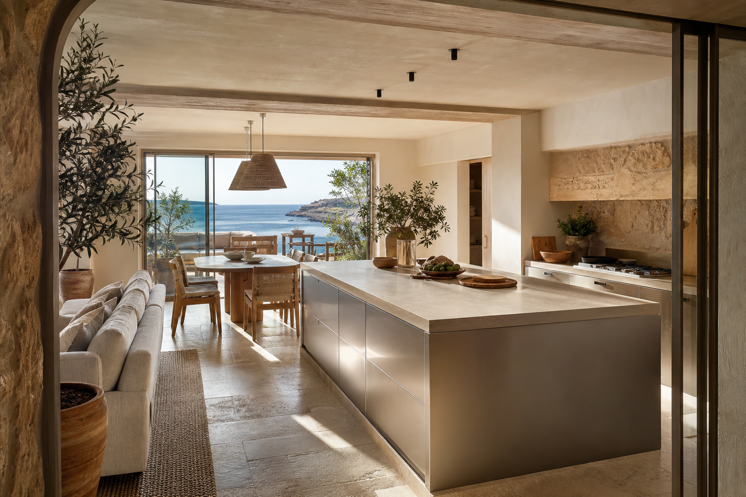 Fadior International 120 sqm Kitchen Apartment — Open kitchen with island, dining table, sofa, limestone wall, terrace door, and coastal daylight