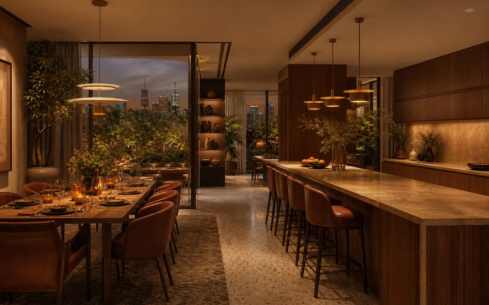 Fadior Kuwait City 85 sqm Kitchen Villa — Kuwait City villa kitchen with island, walnut wall, dining table, and garden window — 304 stainless steel cabinetry installation by Fadior