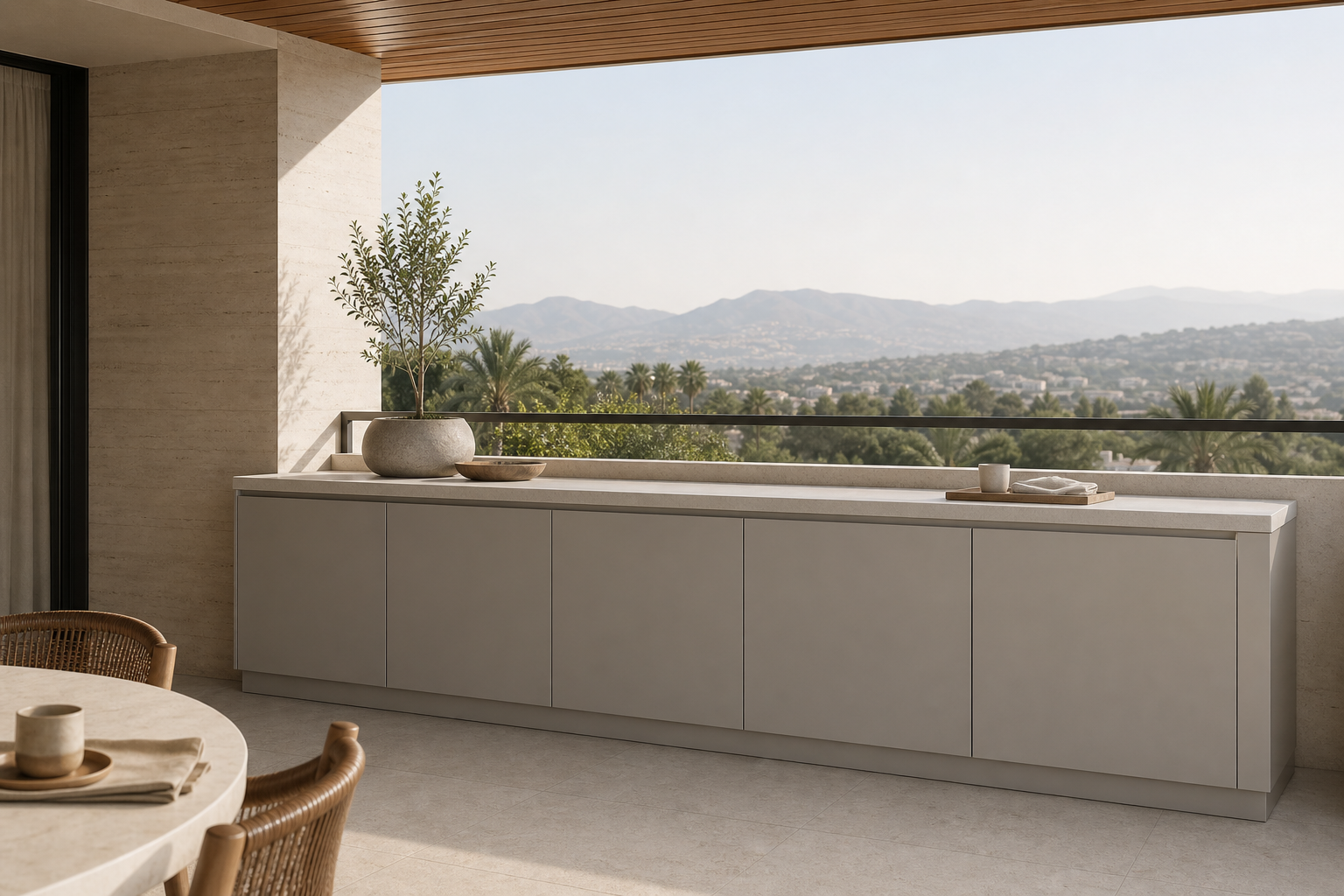Fadior Aurora Balcony Suite with Porcelain Parapet Console — lifestyle setting with natural light and residential styling