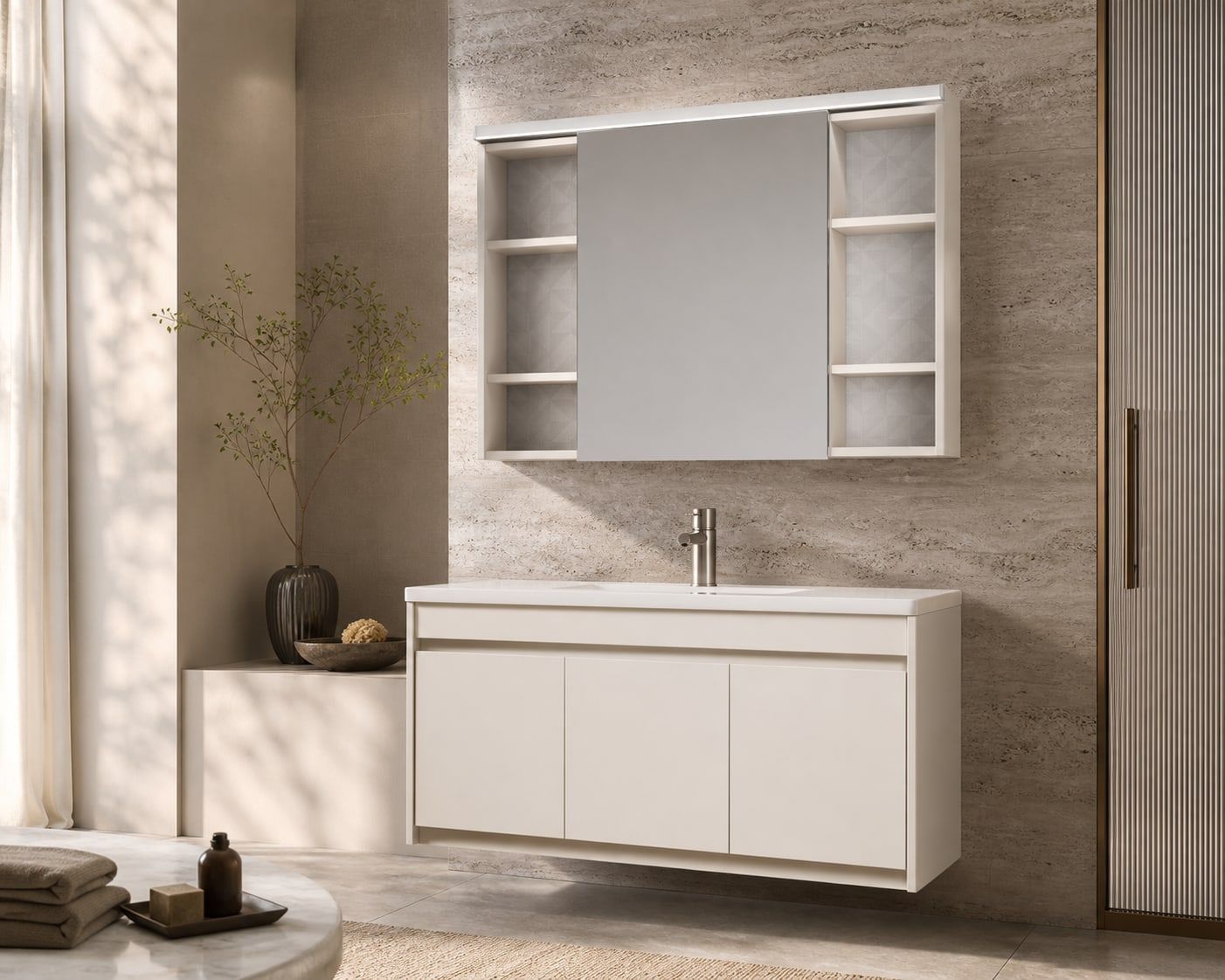 Bathroom Vanity Cabinet (BV-005) styled in a FADIOR HOME interior setting