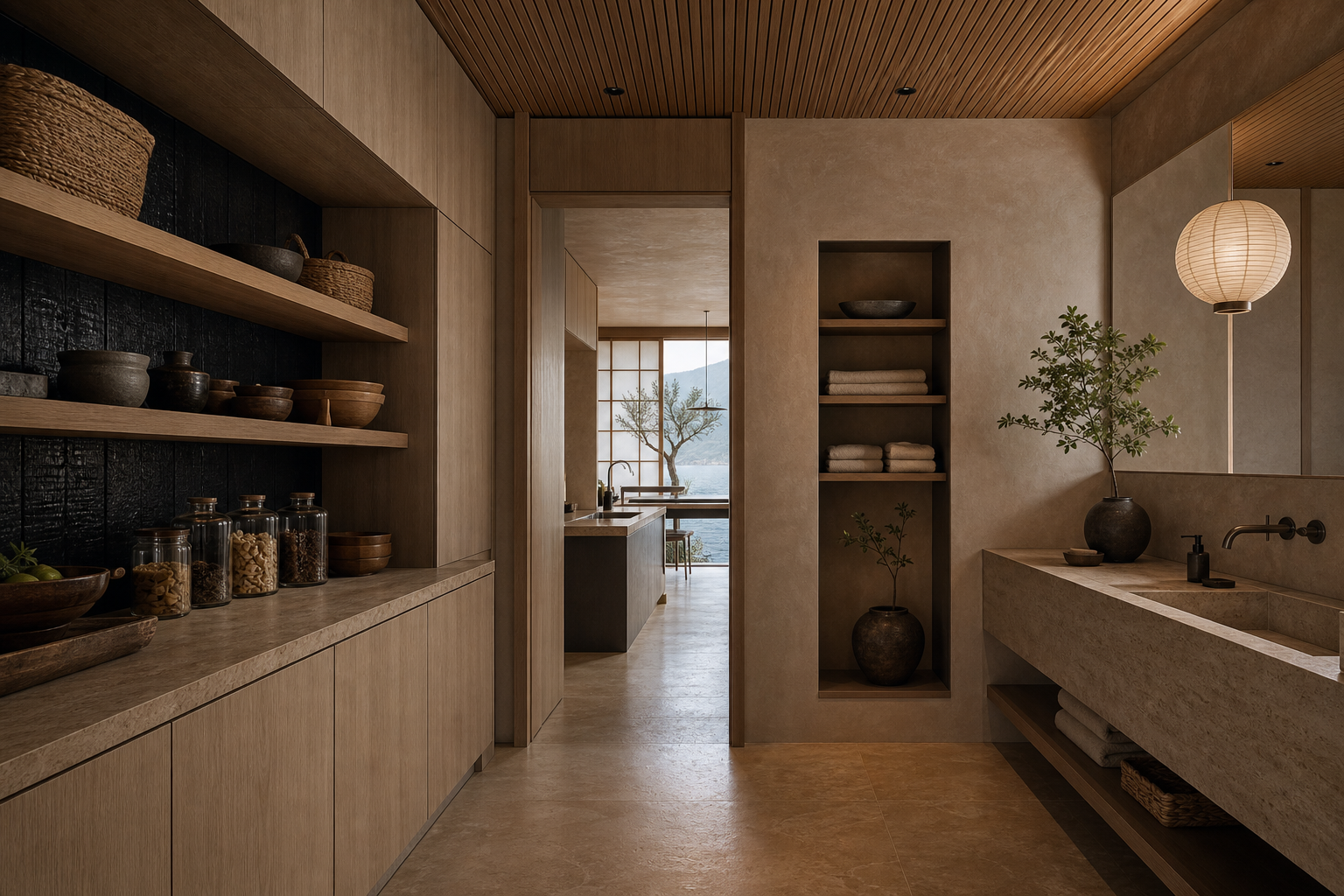Fadior Como 320 sqm Kitchen Villa — Como pantry and vanity threshold with storage cabinets, travertine counter, towel shelf,