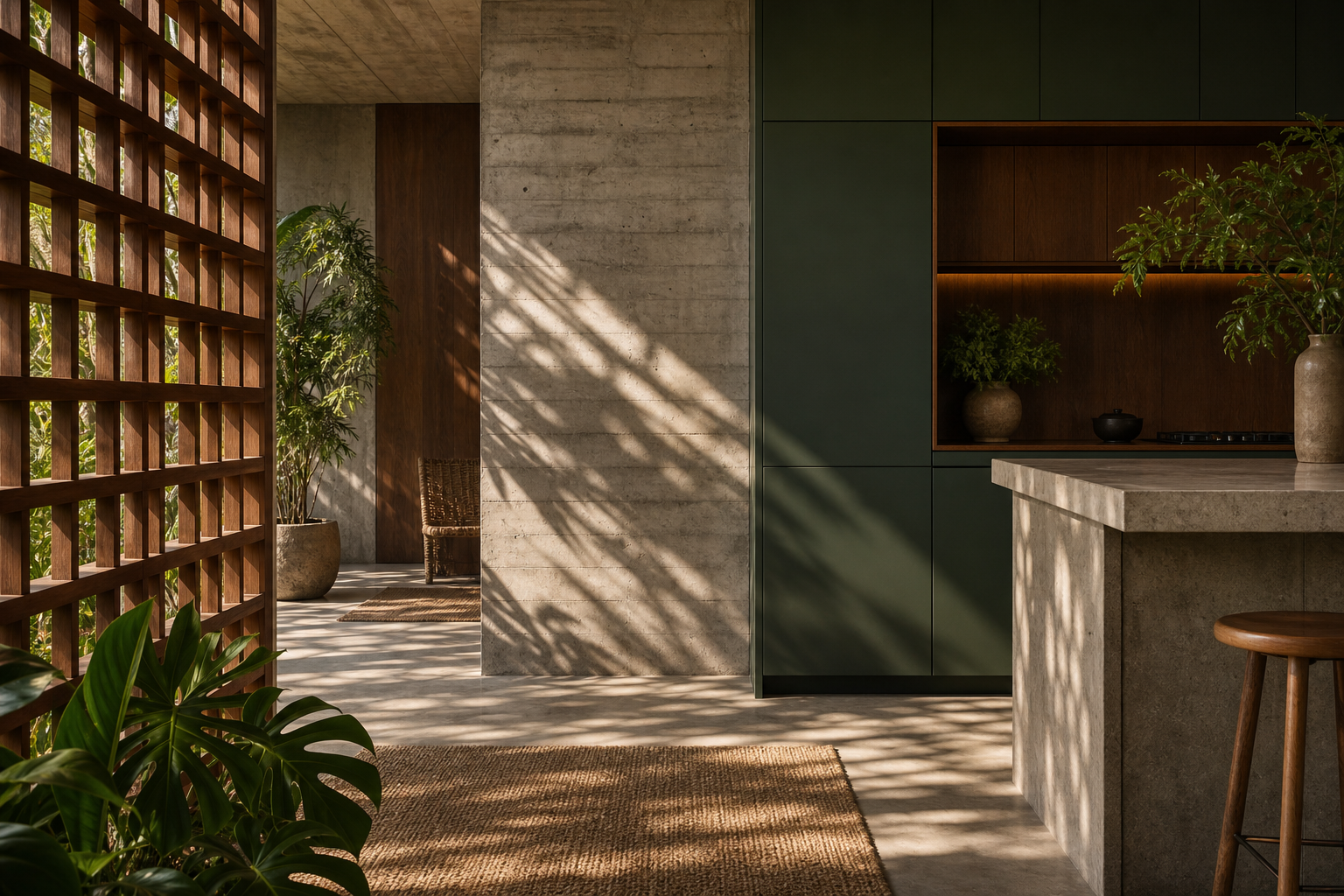Fadior Milan 120 sqm Kitchen Penthouse — Milan finish study with cabinet face, counter, concrete surface, hardwood panel, woven sisal, and plant shadow