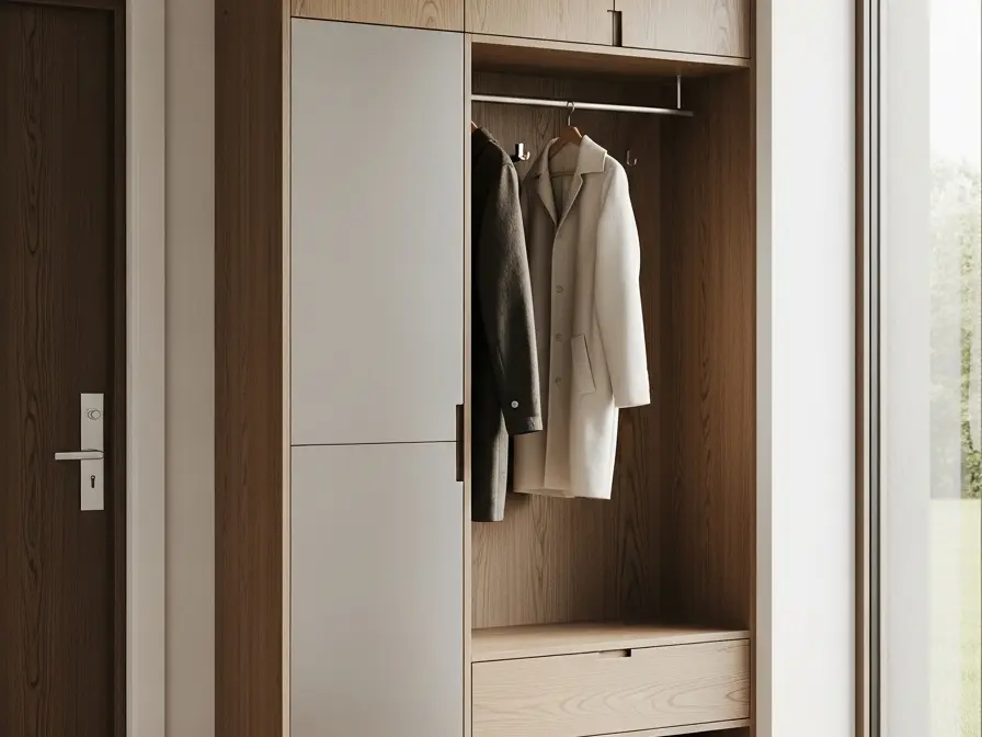 Fadior Archetype Entryway Cabinet - stainless steel entryway storage with shoe cabinet, bench seating, coat storage, console zone, and warm finishes