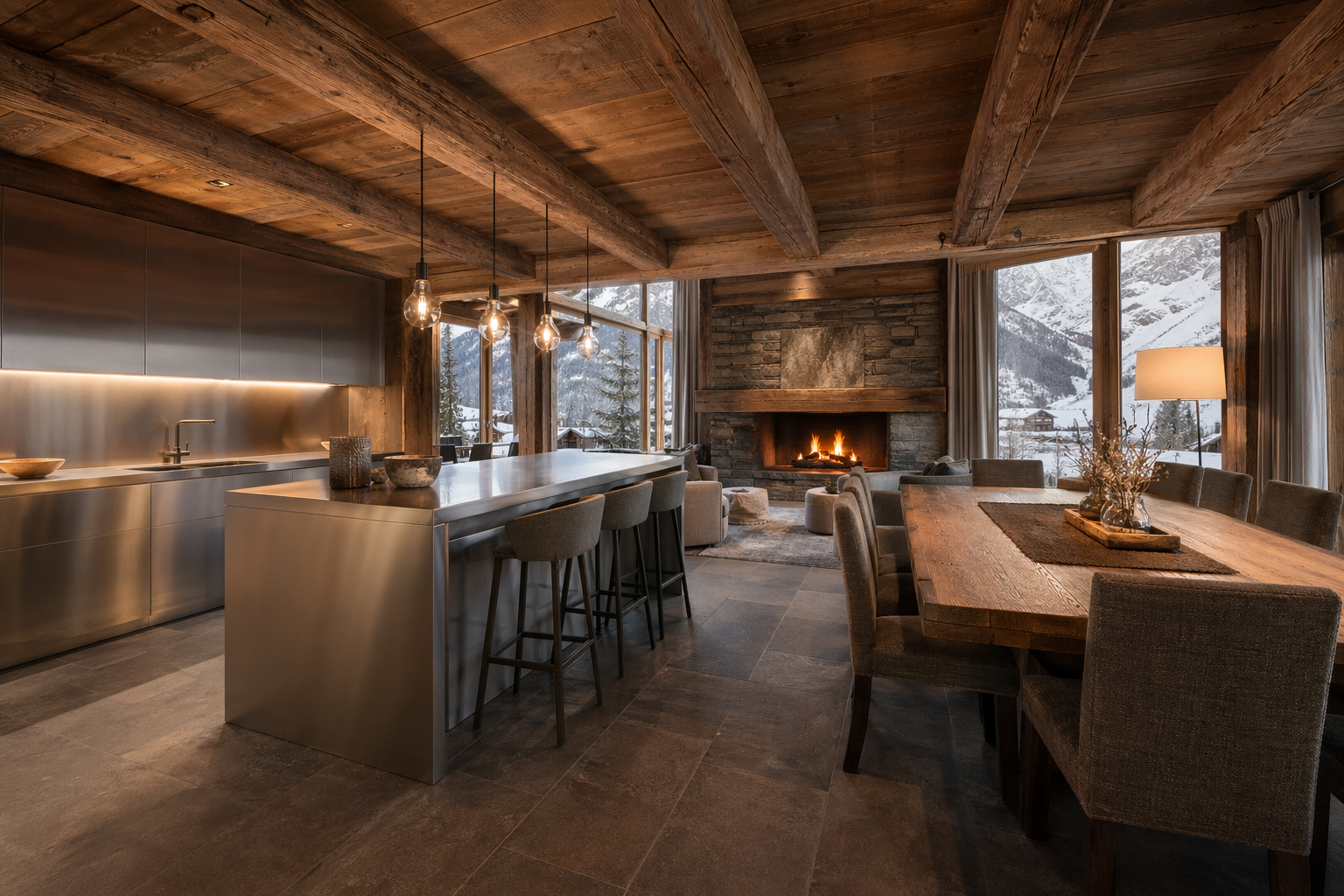 Fadior Swiss Alpine Lodge — living and whole-home integration view