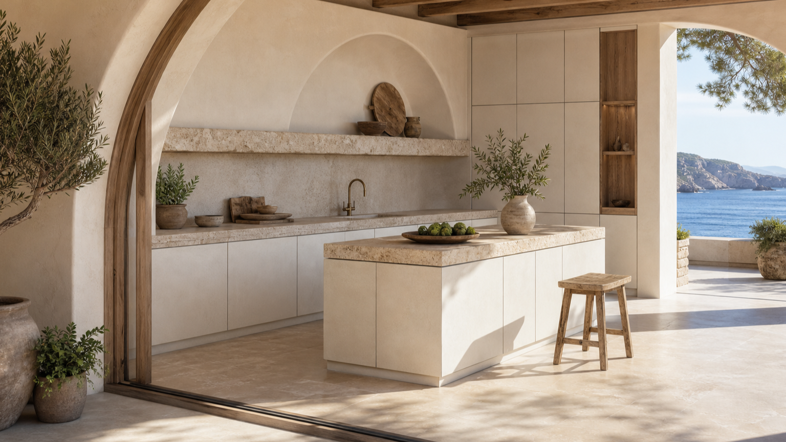 Fadior Armarios Meridian Kitchen Suite with Limestone Harvest Bridge — lifestyle setting with natural light and residential