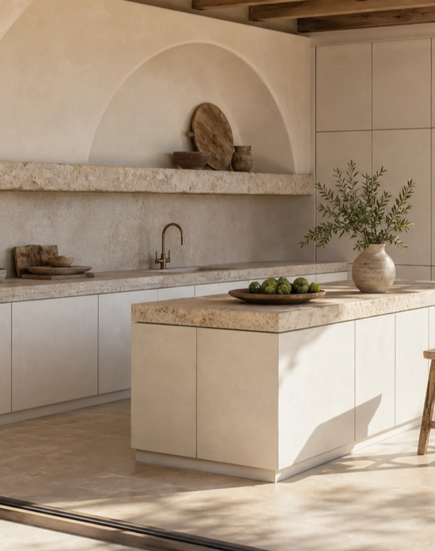 Fadior Armarios Meridian Kitchen Suite with Limestone Harvest Bridge — lifestyle setting with natural light and residential