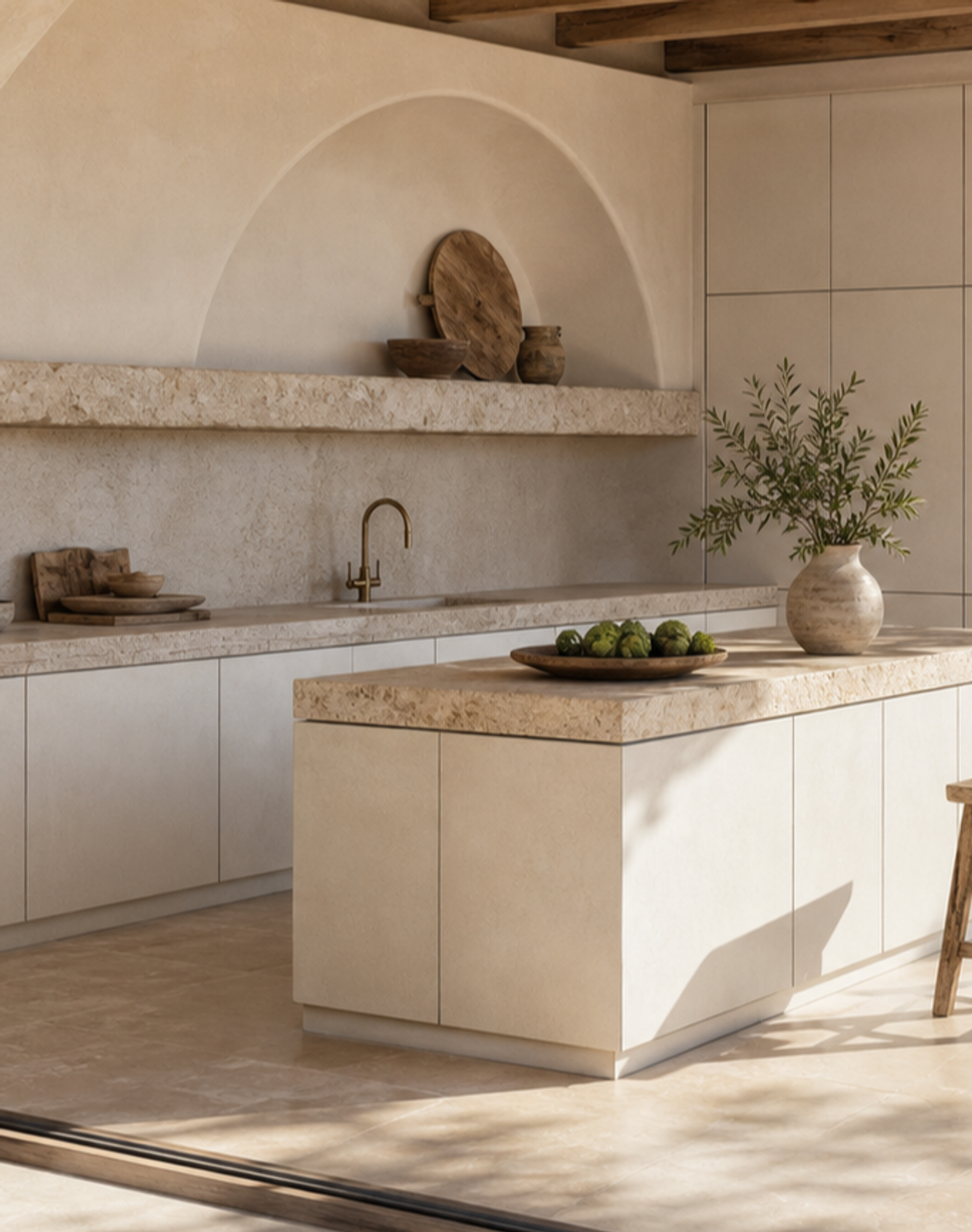 Fadior Armarios Meridian Kitchen Suite with Limestone Harvest Bridge — lifestyle setting with natural light and residential